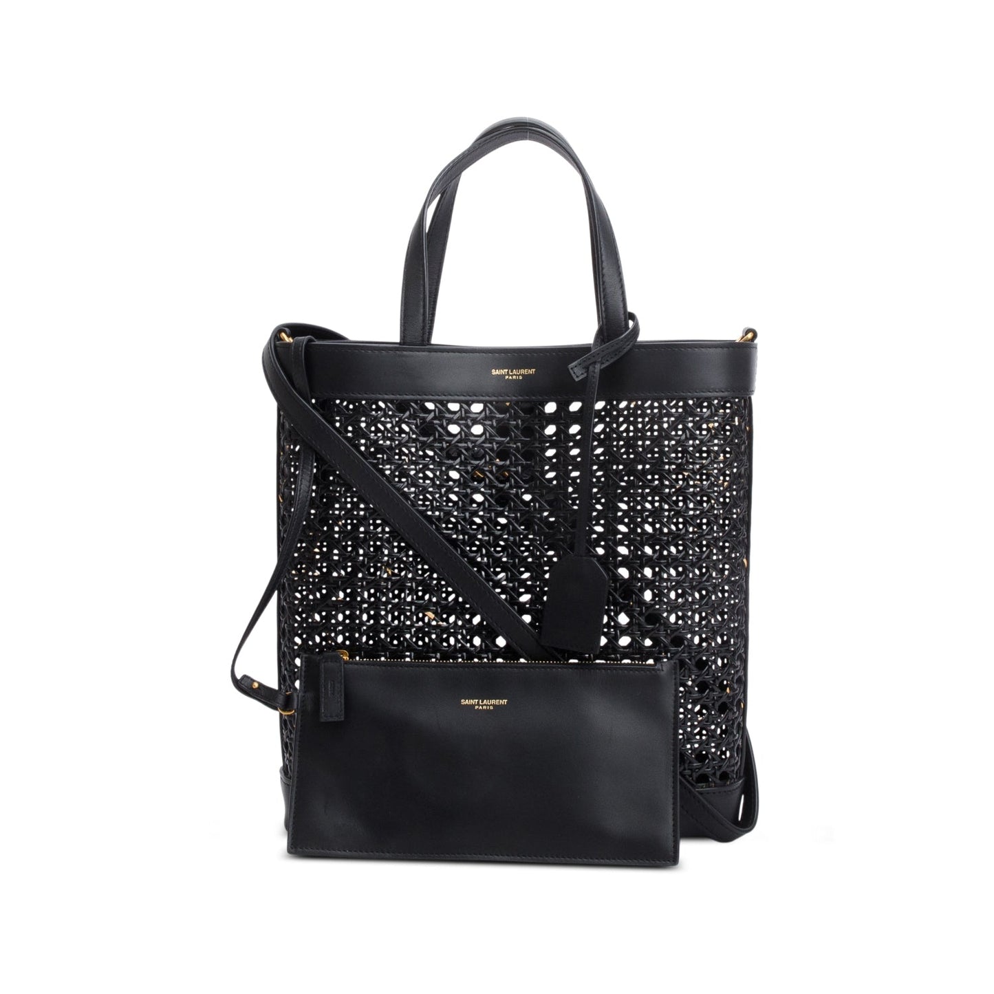 YSL Saint Laurent Cane Calfskin Toy N S Shopping Tote Woven Black Tote Bag