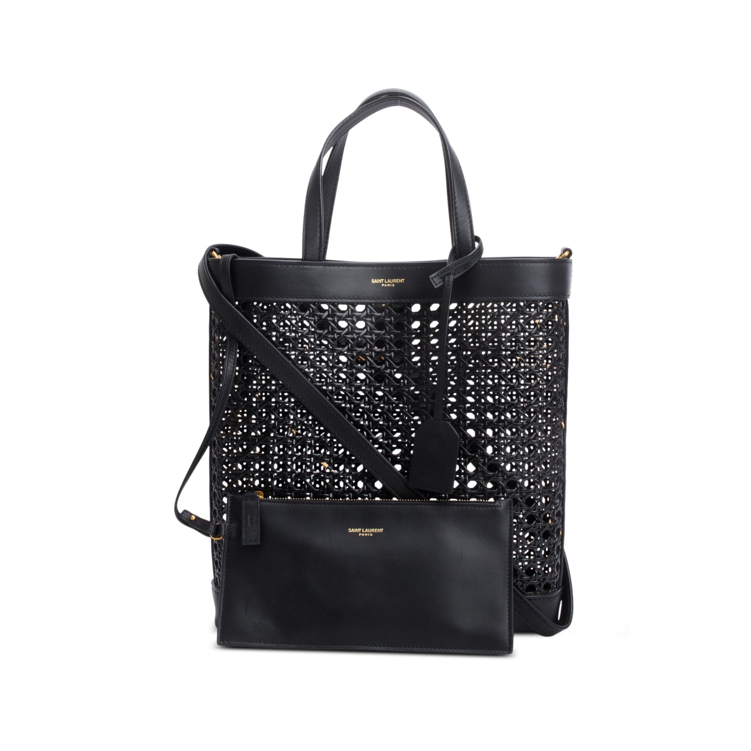 YSL Saint Laurent Cane Calfskin Toy N S Shopping Tote Woven Black Tote Bag