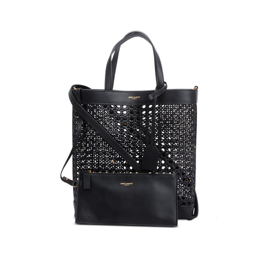 YSL Saint Laurent Cane Calfskin Toy N S Shopping Tote Woven Black Tote Bag