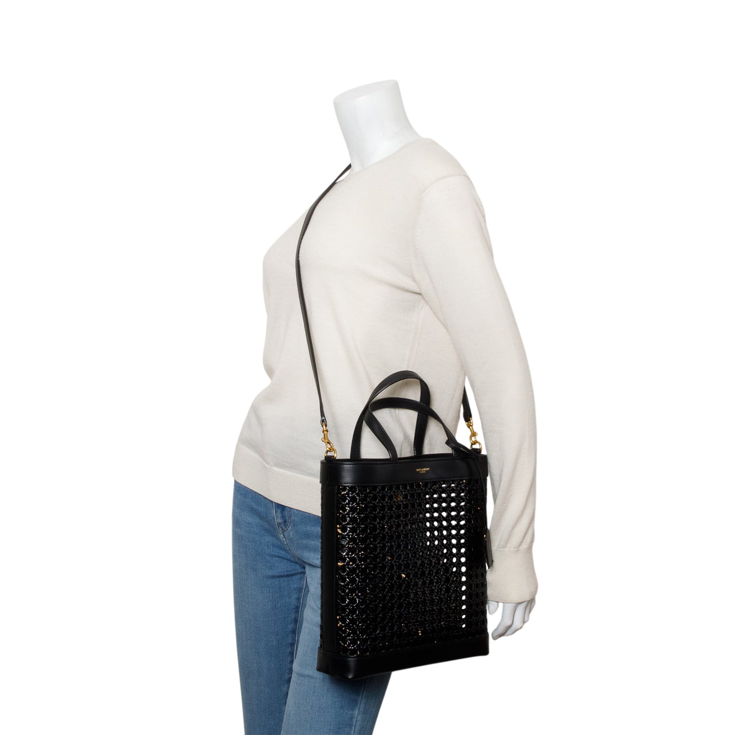 YSL Saint Laurent Cane Calfskin Toy N S Shopping Tote Woven Black Tote Bag
