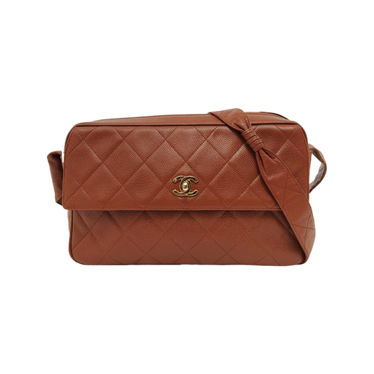 Chanel Camera Tan Cognac Caviar Hardware Brown Gold Leather Crossbody Bag
