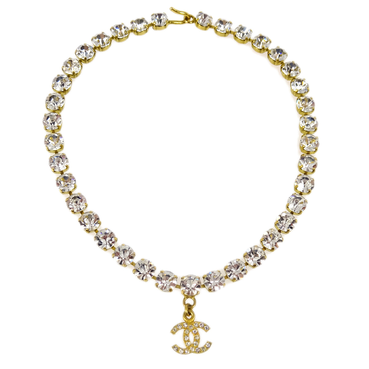 Chanel CC Chain Pendant Necklace Rhinestone Gold 95P