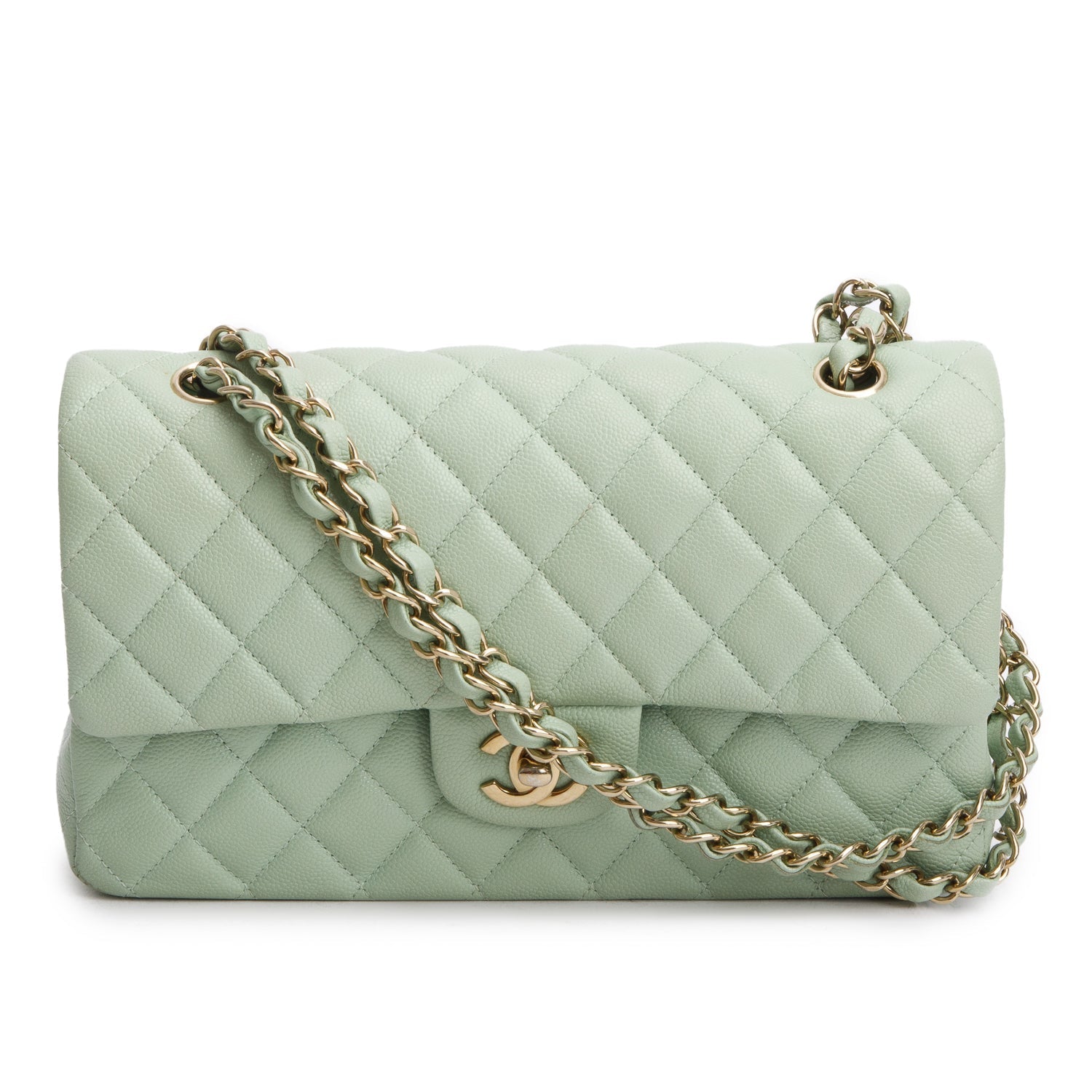 Chanel Caviar Quilted Double Flap Green Travel Bag
