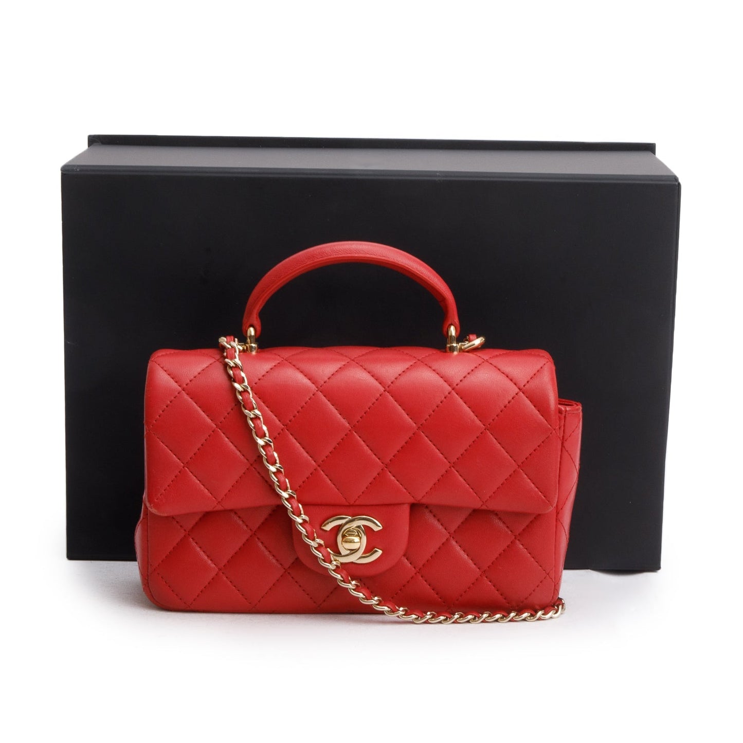Chanel Quilted Top Handle Rectangular Flap Lambskin Red Travel Bag