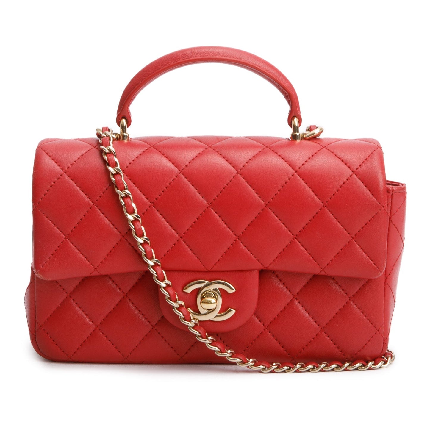Chanel Quilted Top Handle Rectangular Flap Lambskin Red Travel Bag
