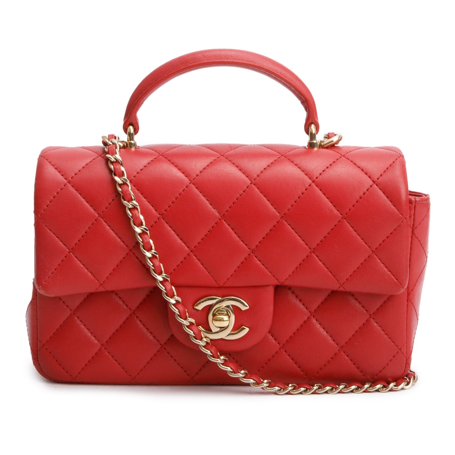 Chanel Quilted Top Handle Rectangular Flap Lambskin Red Travel Bag