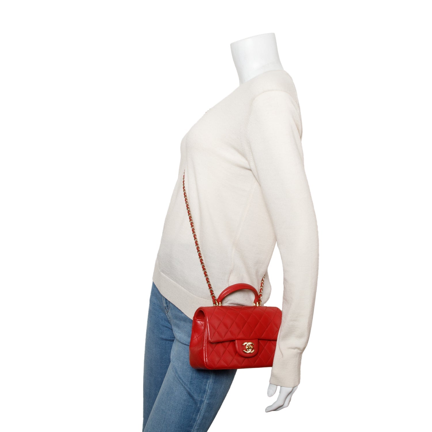 Chanel Quilted Top Handle Rectangular Flap Lambskin Red Travel Bag