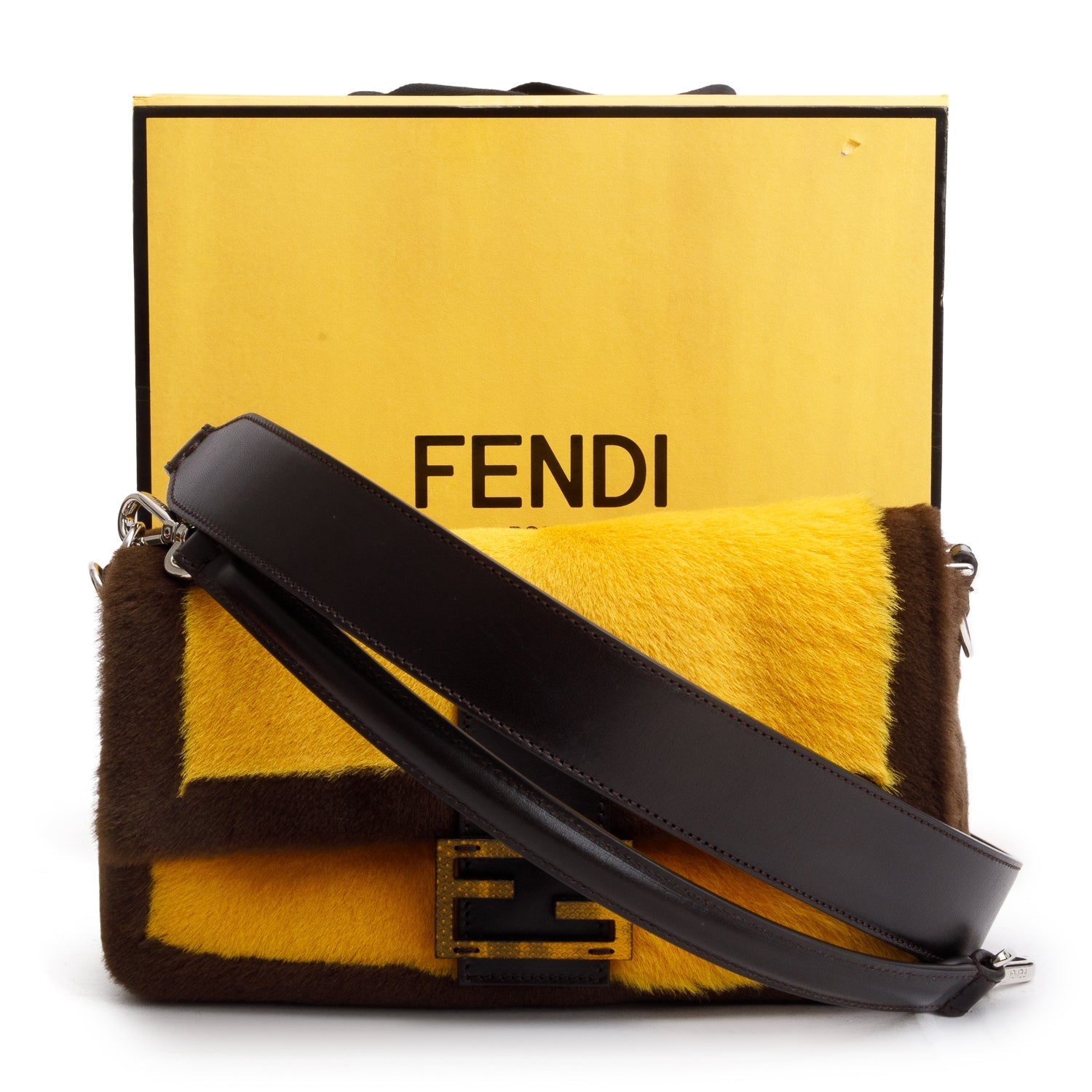Fendi Yellow Pony Hair Karung Baguette Brown Travel Bag