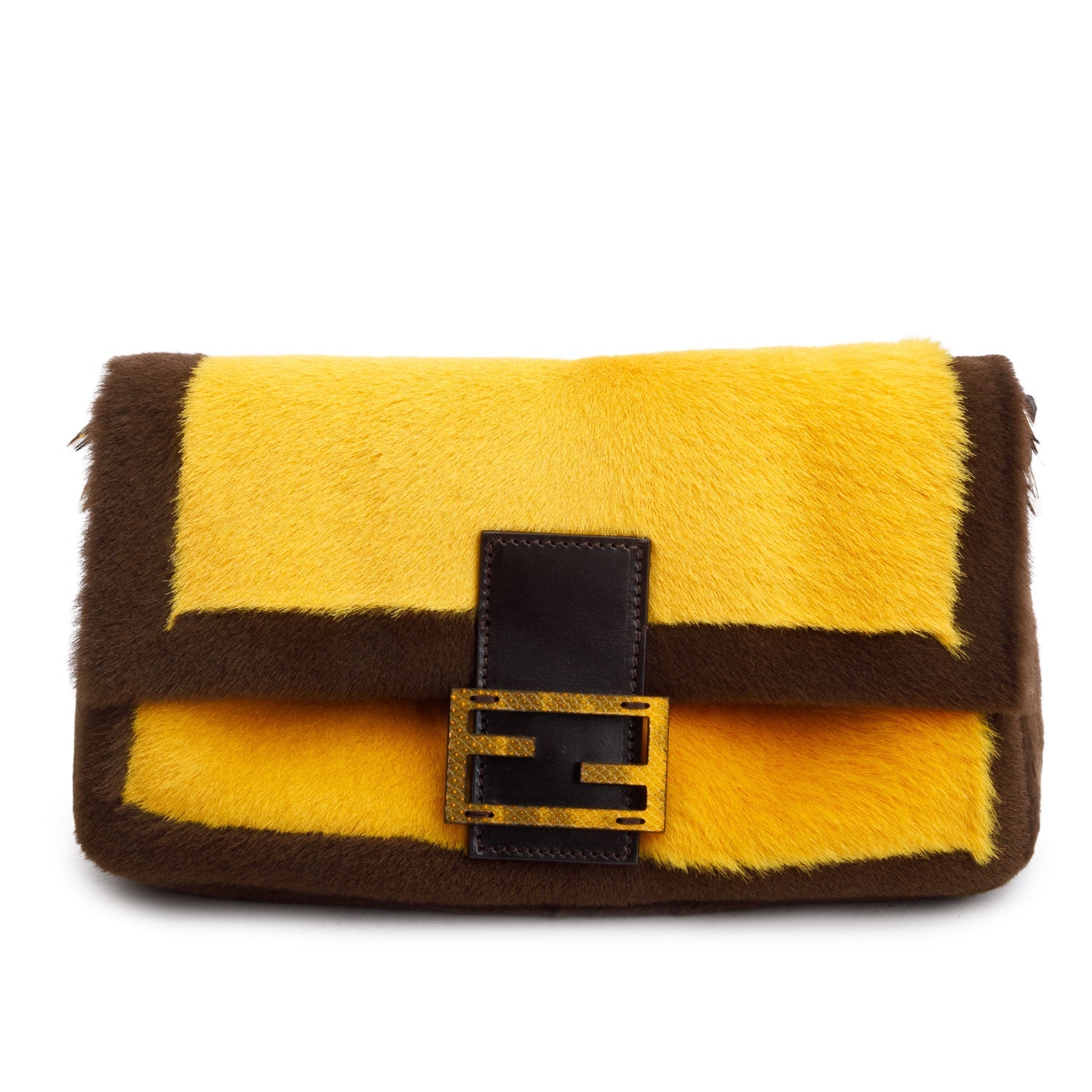 Fendi Yellow Pony Hair Karung Baguette Brown Travel Bag