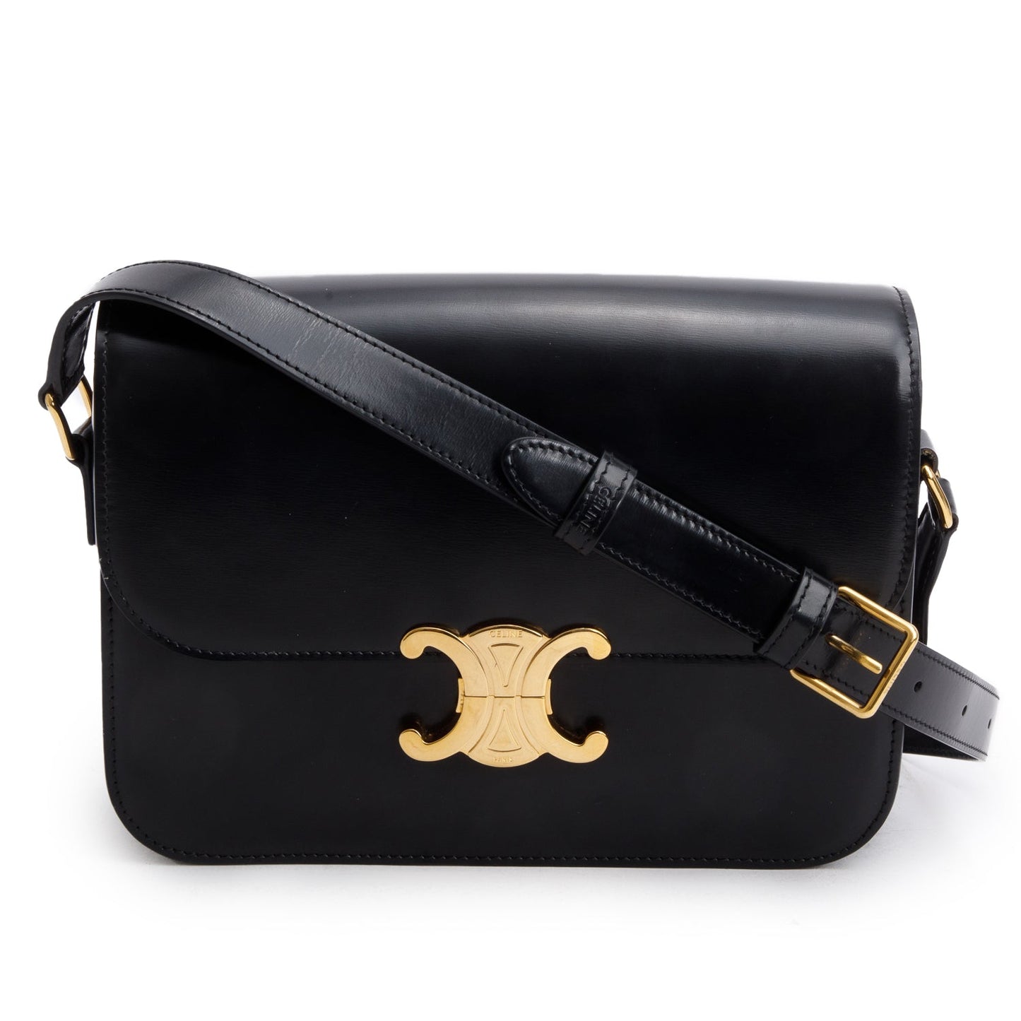 Celine Shiny Calfskin Triomphe Handbag Black Medium Travel Bag
