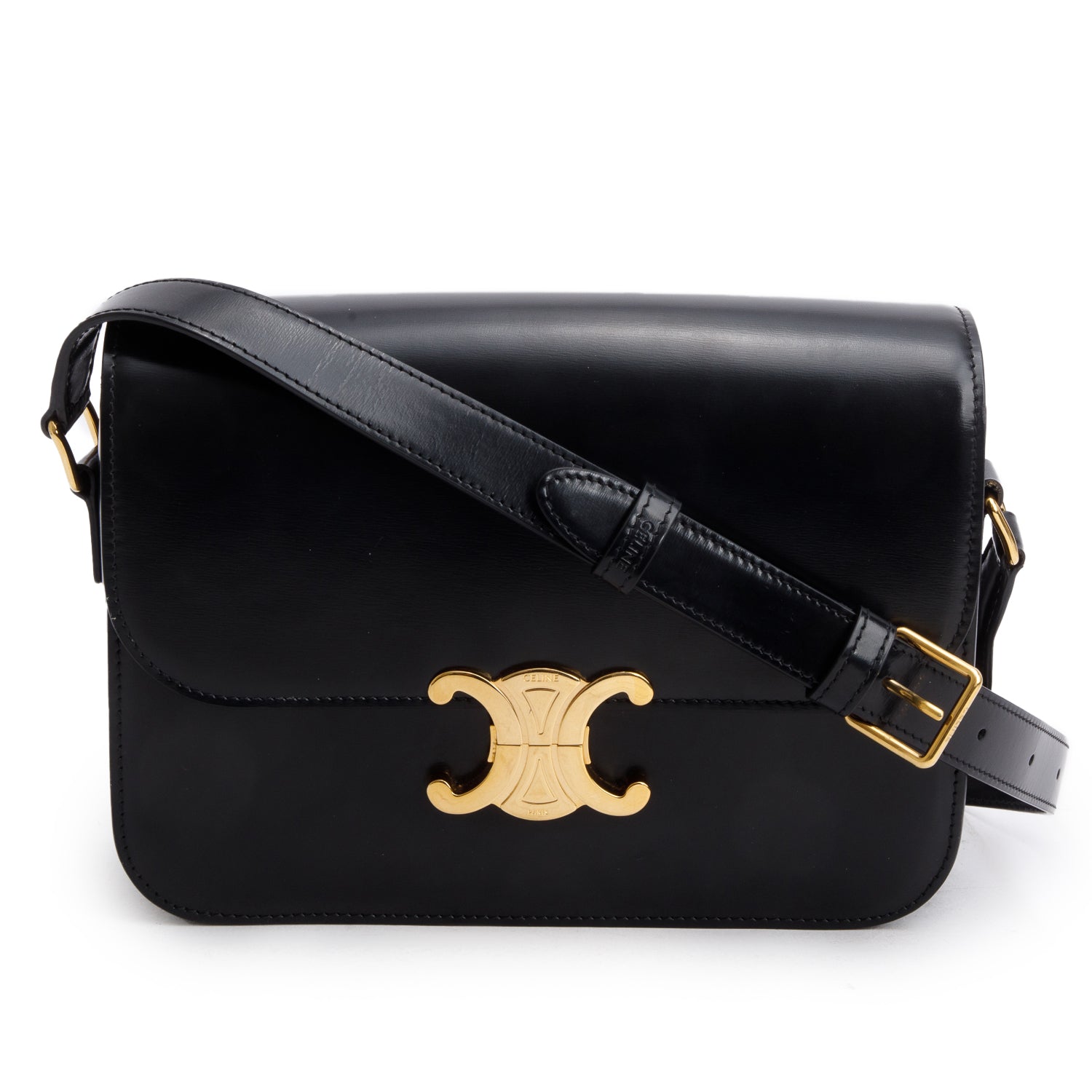 Celine Shiny Calfskin Triomphe Handbag Black Medium Travel Bag