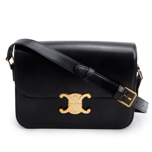 Celine Shiny Calfskin Triomphe Handbag Black Medium Travel Bag