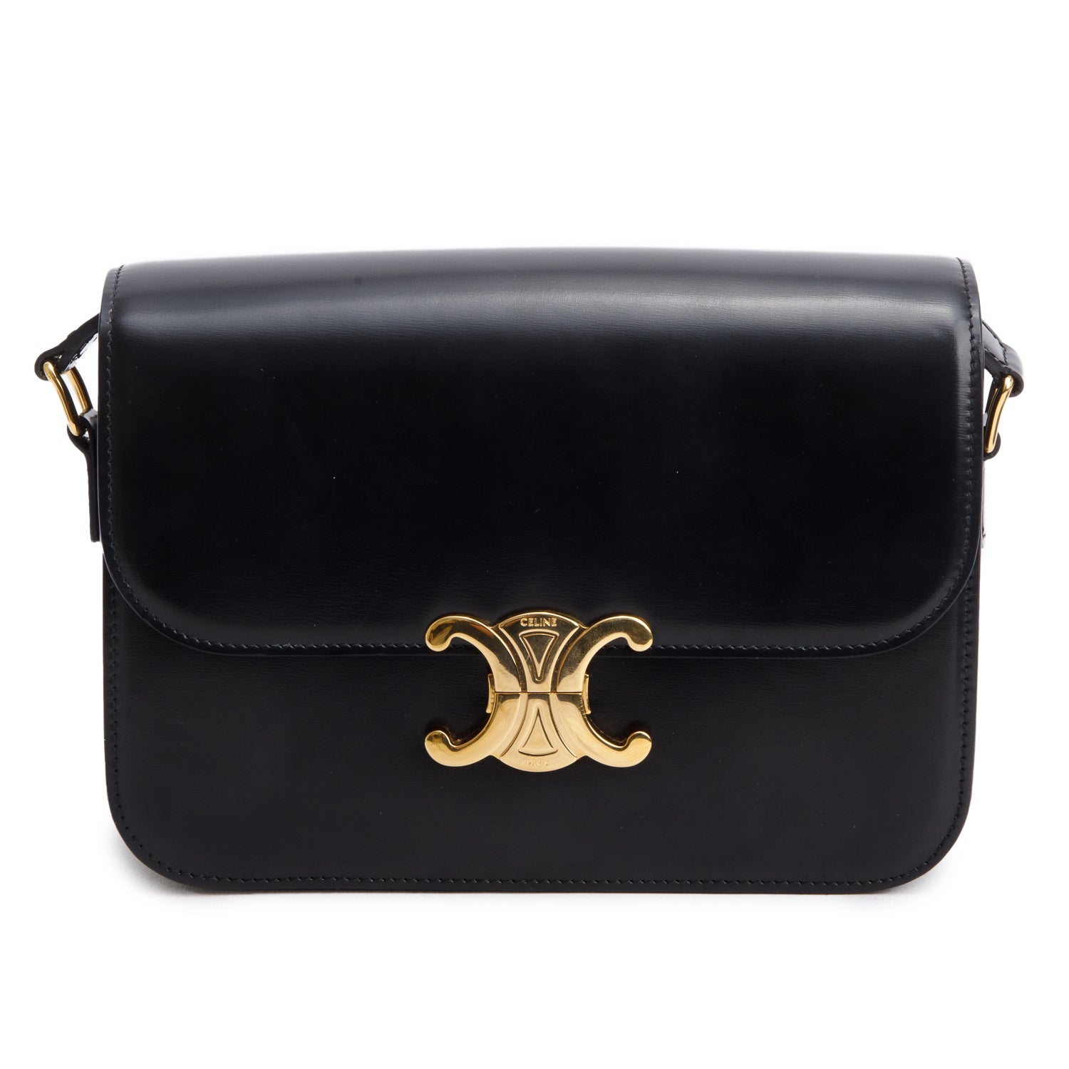 Celine Shiny Calfskin Triomphe Handbag Black Medium Travel Bag