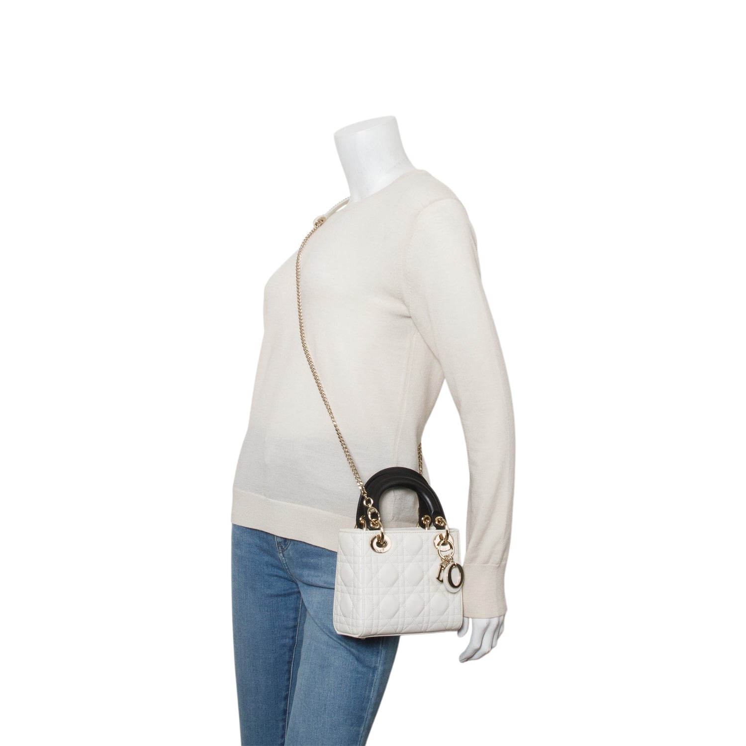 Dior Christian Lambskin Cannage Lady Handbag Black White Travel Bag