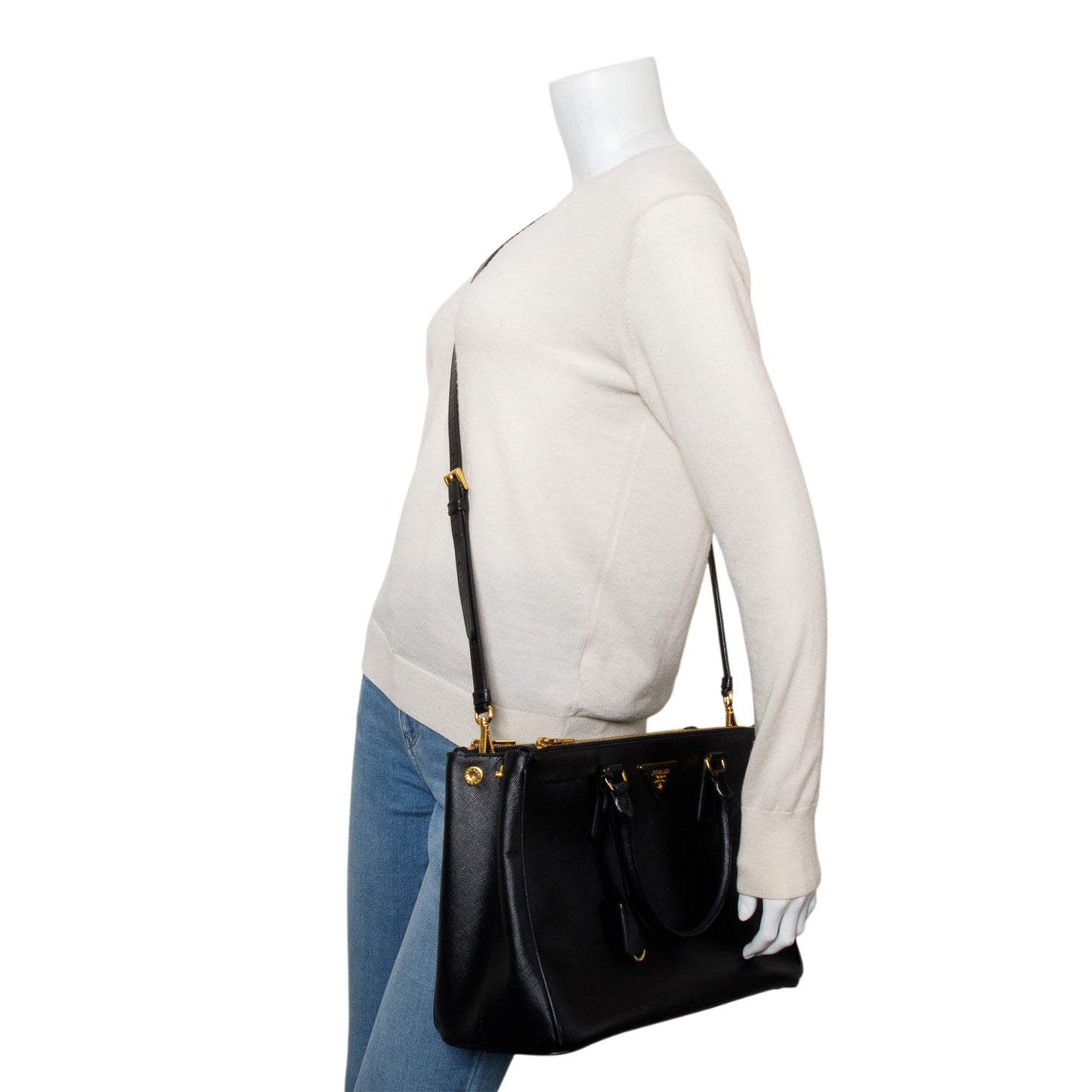 Prada Saffiano Lux Double Zip Galleria Tote Handbag Black Medium Tote Bag