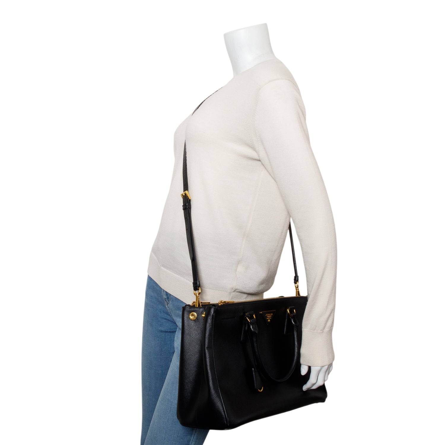 Prada Saffiano Lux Double Zip Galleria Tote Handbag Black Medium Tote Bag