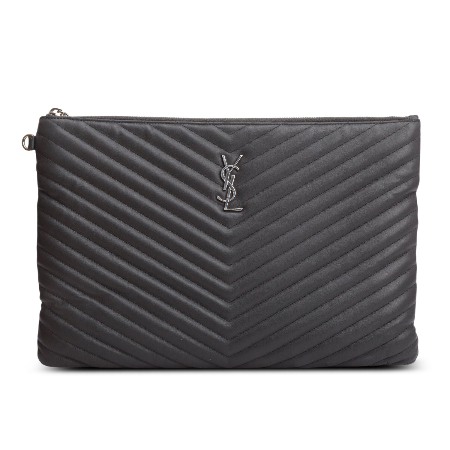 YSL Saint Laurent Grey Calfskin Casssandre Tablet Pouch Travel Bag Matelasse Monogram