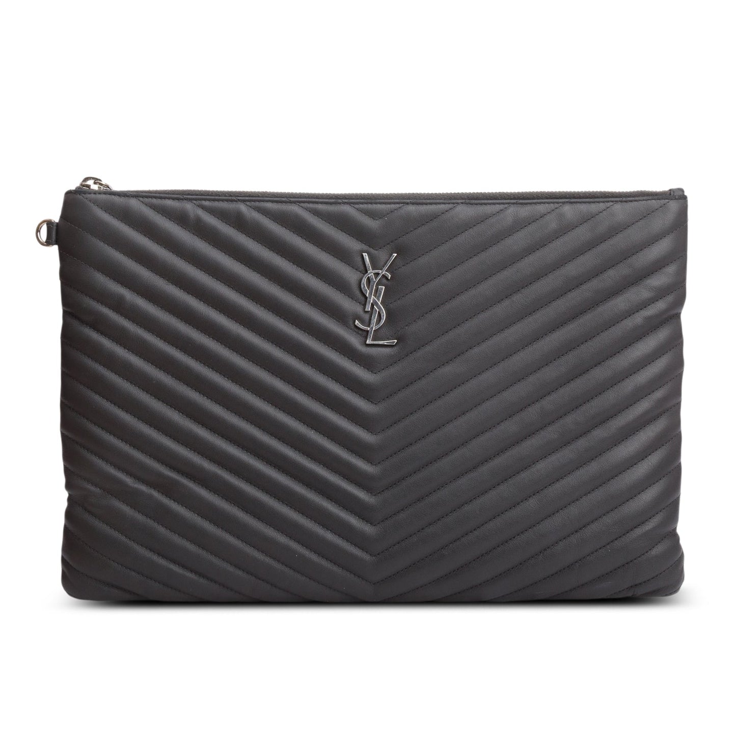 YSL Saint Laurent Grey Calfskin Casssandre Tablet Pouch Travel Bag Matelasse Monogram