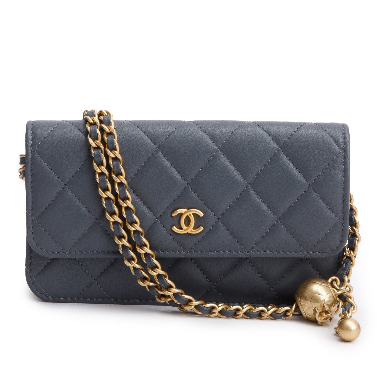 Chanel Quilted CC Pearl Crush Flap Leather Lambskin Grey Travel Bag