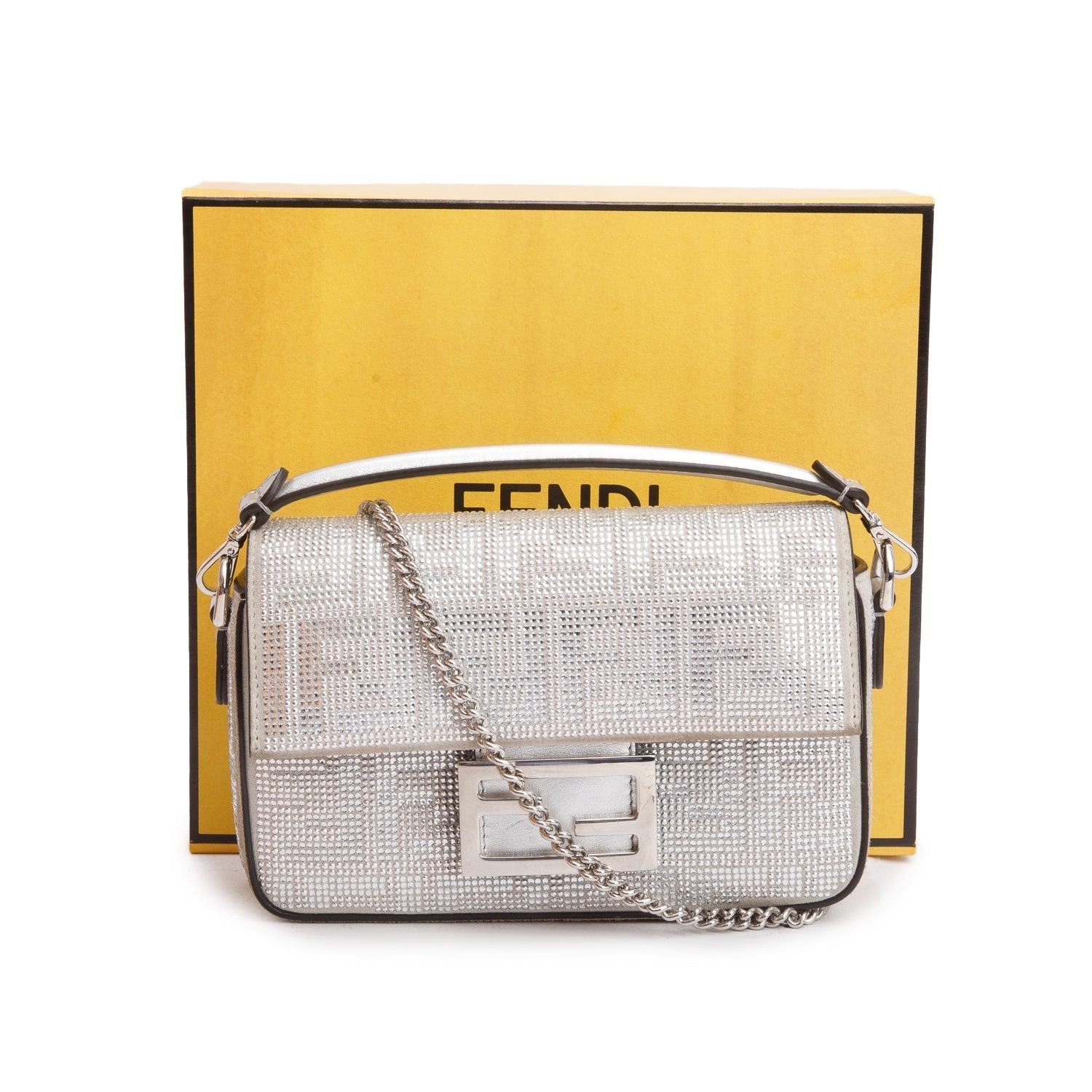 Fendi Ff Crystal Be Baguette Chain Crossbody Suede Silver Crossbody Bag