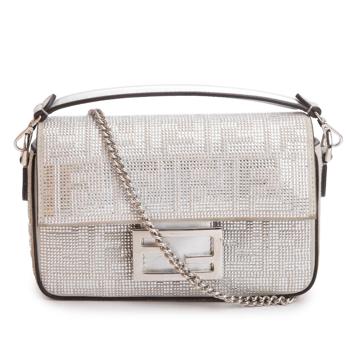 Fendi Ff Crystal Be Baguette Chain Crossbody Suede Silver Crossbody Bag