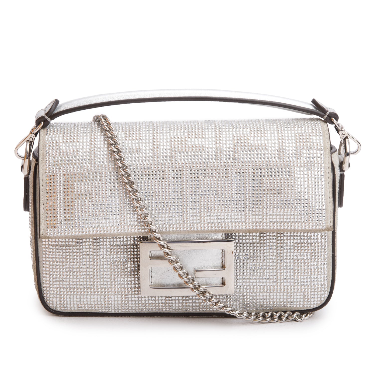 Fendi Ff Crystal Be Baguette Chain Crossbody Suede Silver Crossbody Bag