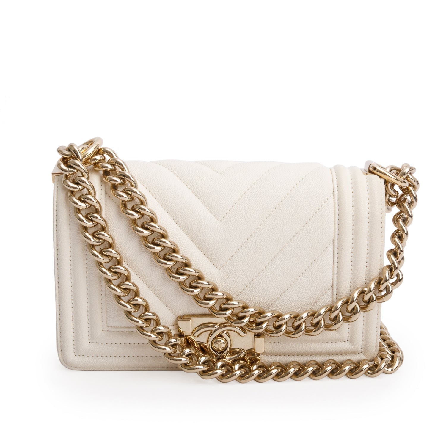 Chanel Chevron Quilted Caviar Boy White Travel Bag