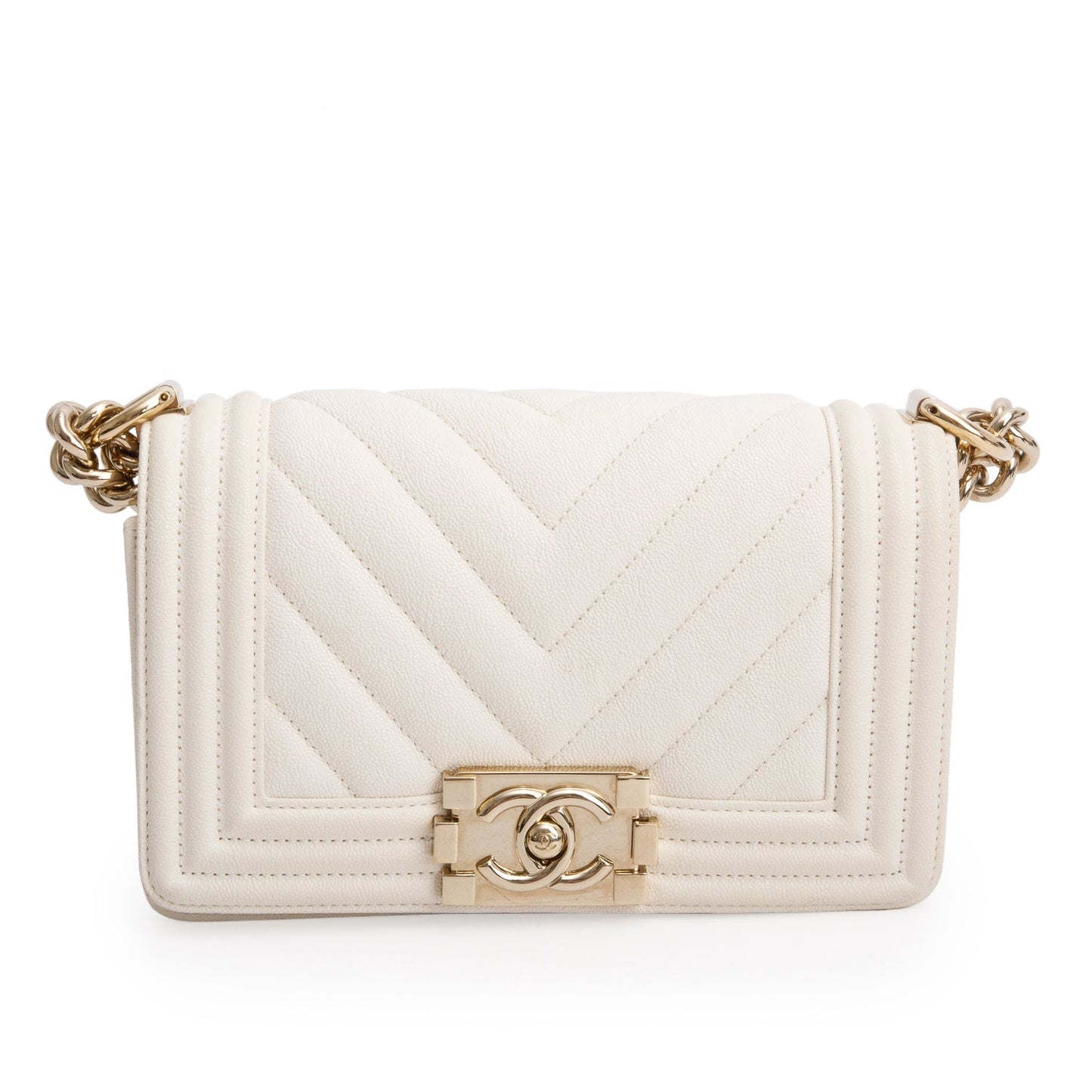 Chanel Chevron Quilted Caviar Boy White Travel Bag
