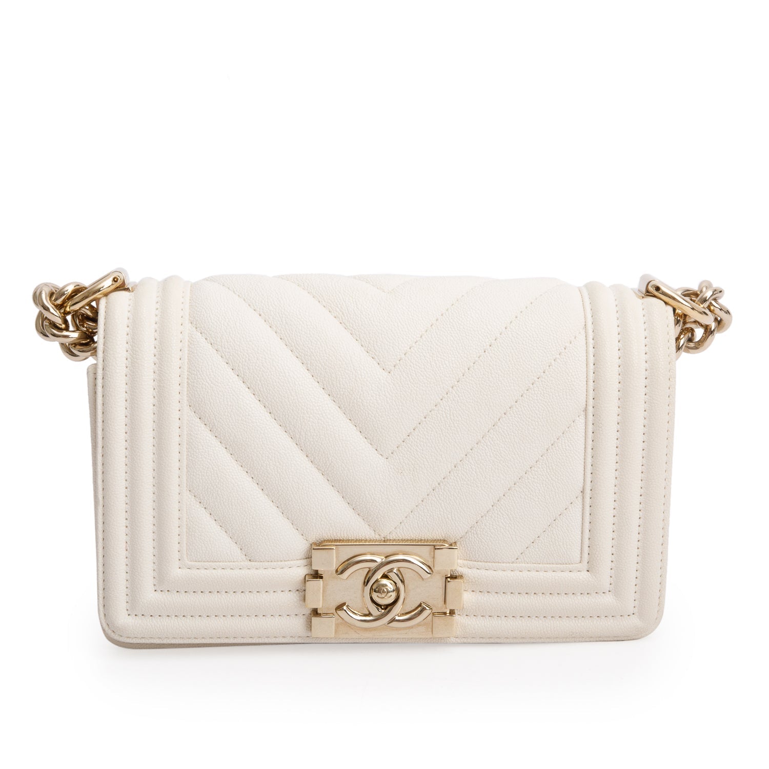 Chanel Chevron Quilted Caviar Boy White Travel Bag