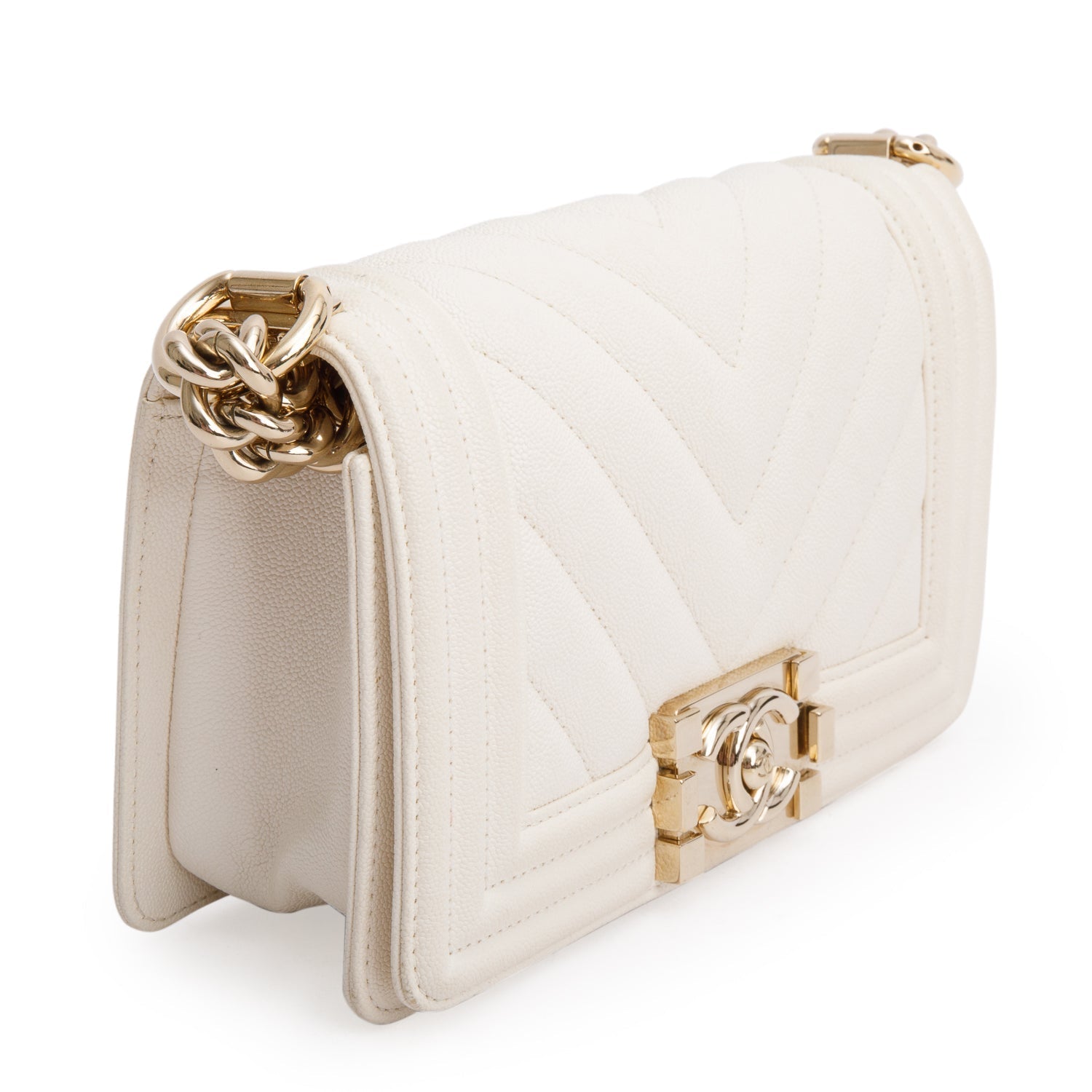 Chanel Chevron Quilted Caviar Boy White Travel Bag