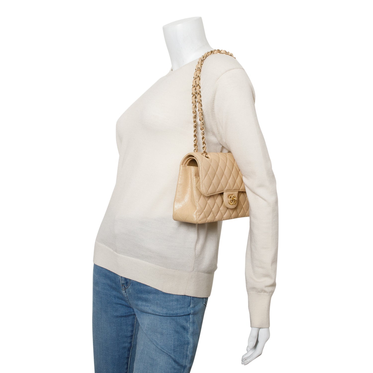 Chanel Iridescent Caviar Quilted Double Flap Beige Travel Bag