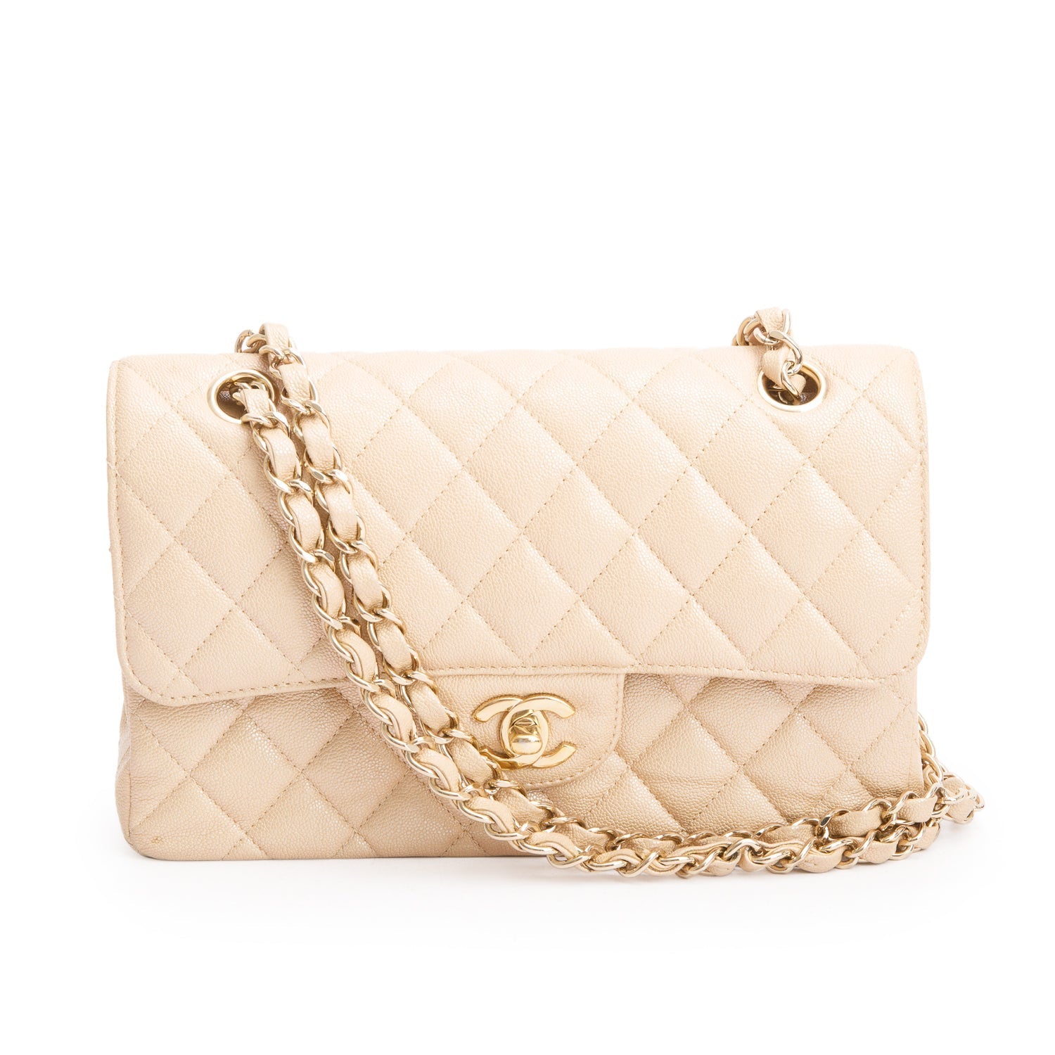 Chanel Iridescent Caviar Quilted Double Flap Beige Travel Bag