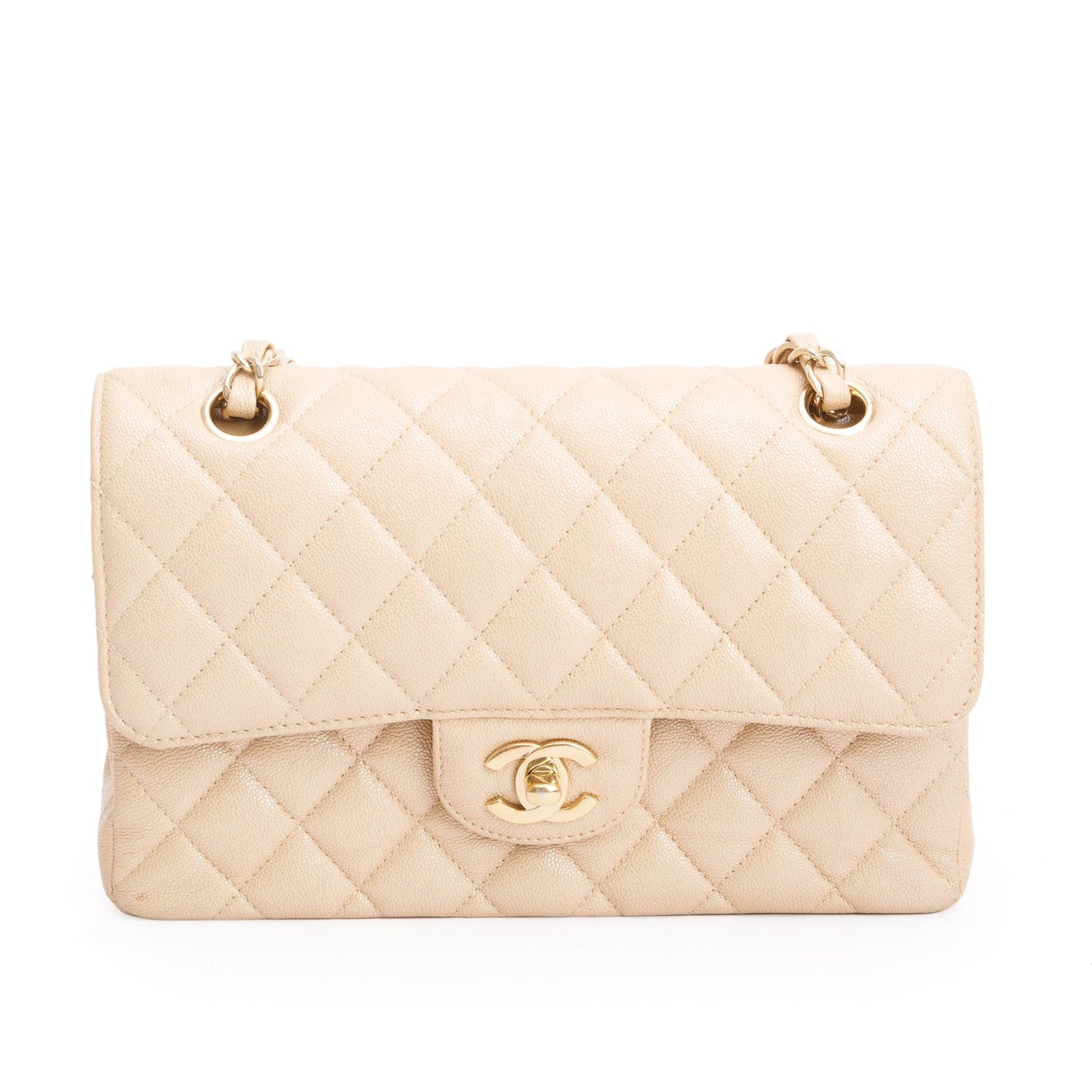 Chanel Iridescent Caviar Quilted Double Flap Beige Travel Bag