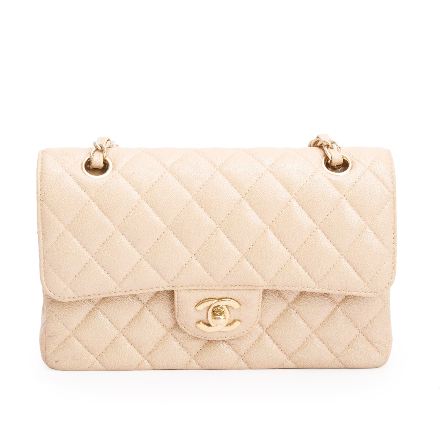 Chanel Iridescent Caviar Quilted Double Flap Beige Travel Bag