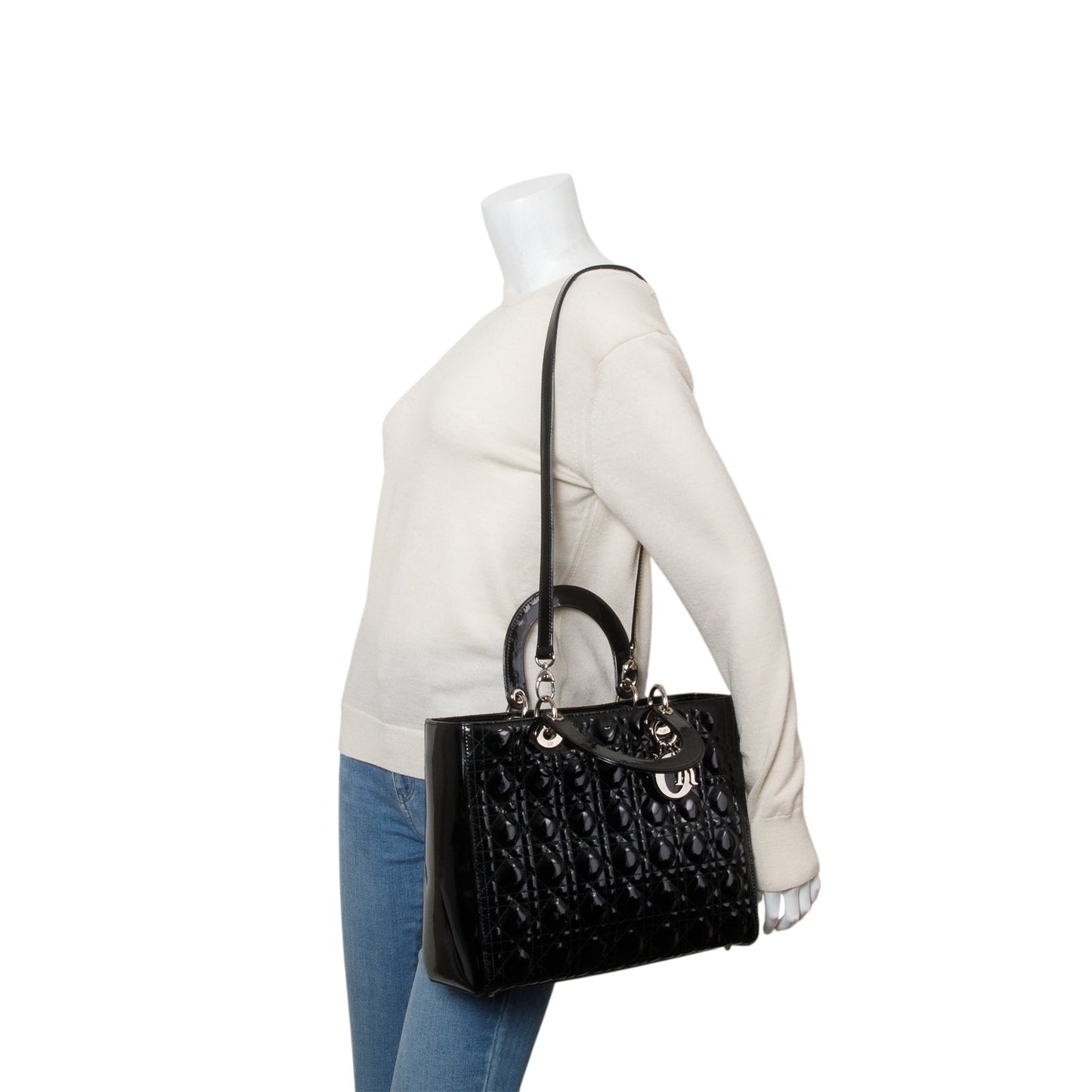 Dior Christian Cannage Patent Lady Handbag Leather Black Travel Bag
