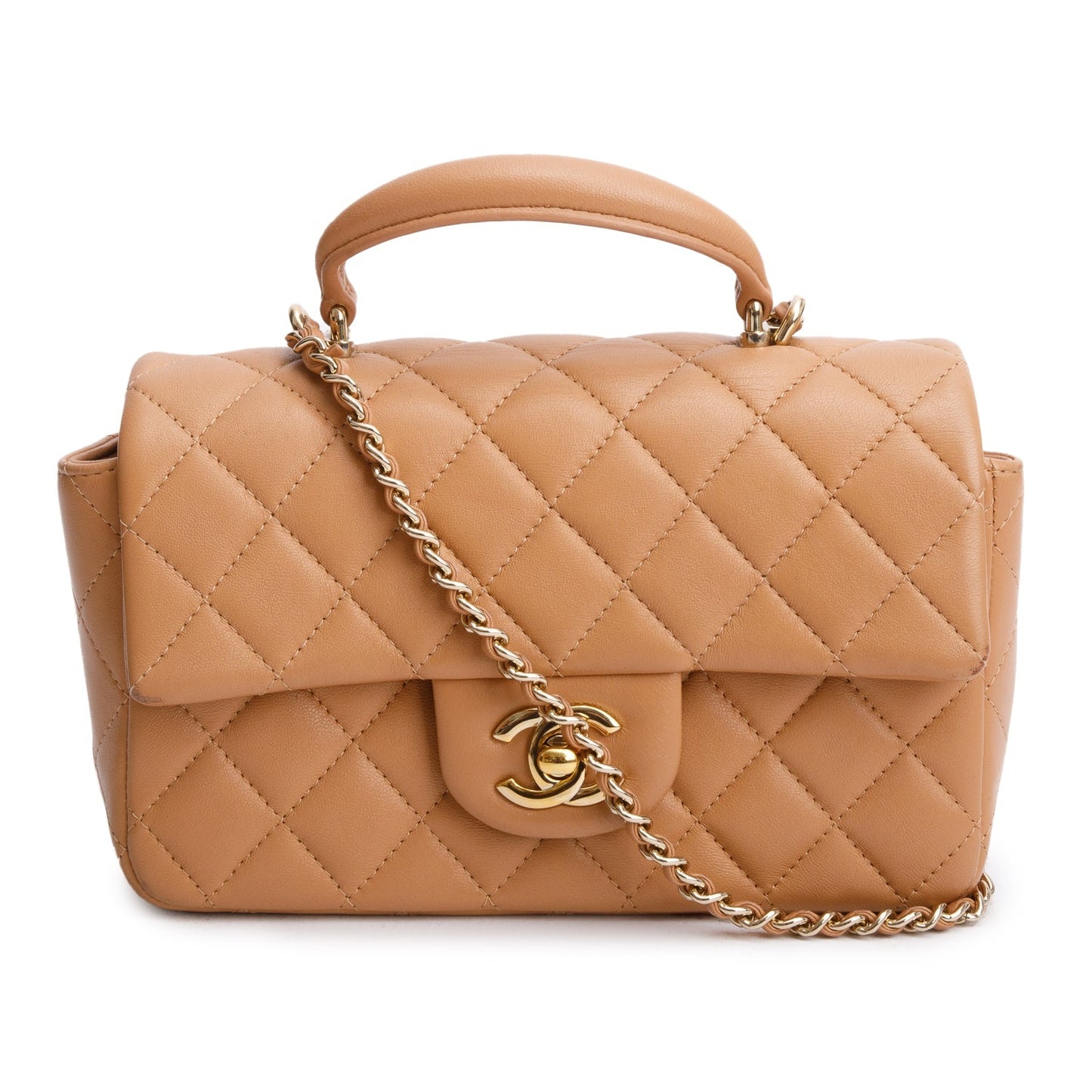 Chanel Quilted Top Handle Rectangular Flap Lambskin Brown Travel Bag