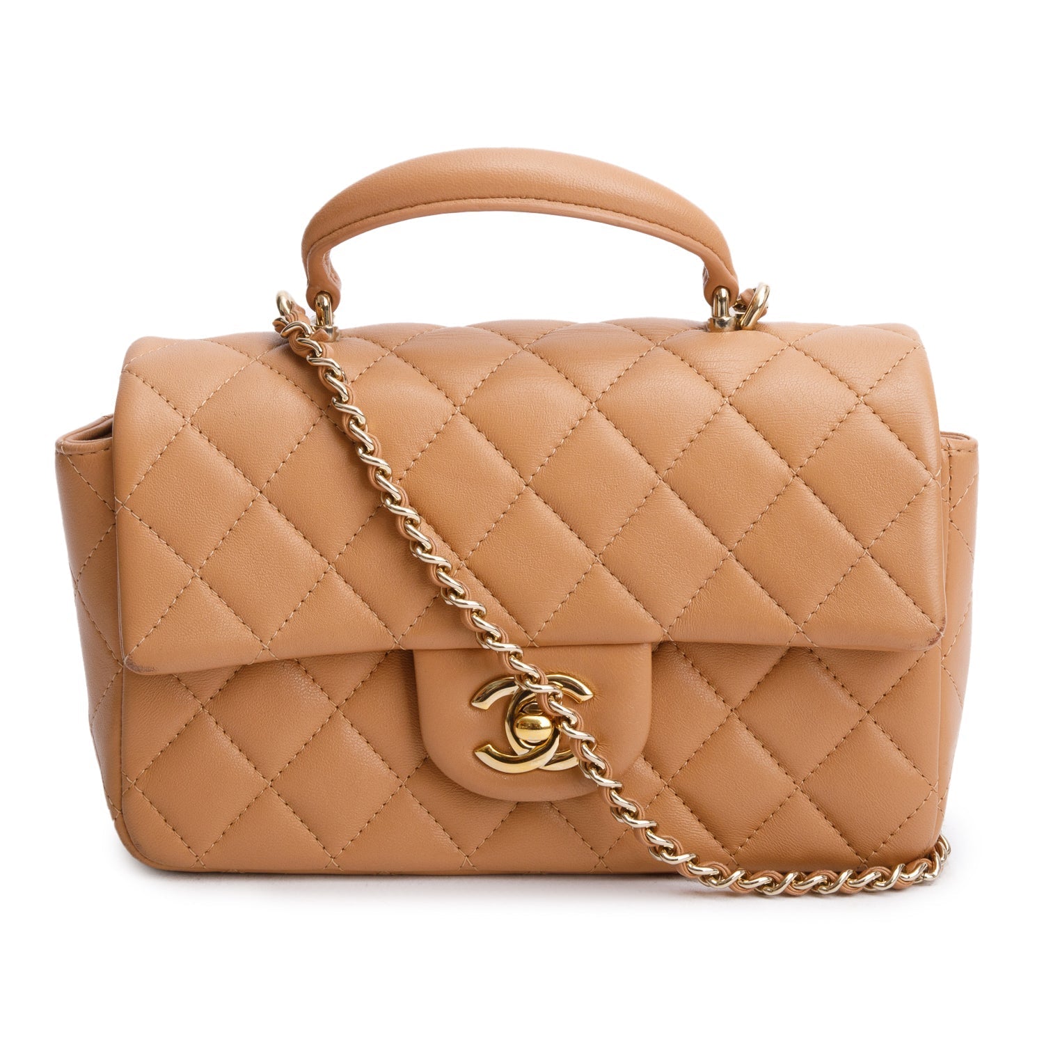 Chanel Quilted Top Handle Rectangular Flap Lambskin Brown Travel Bag