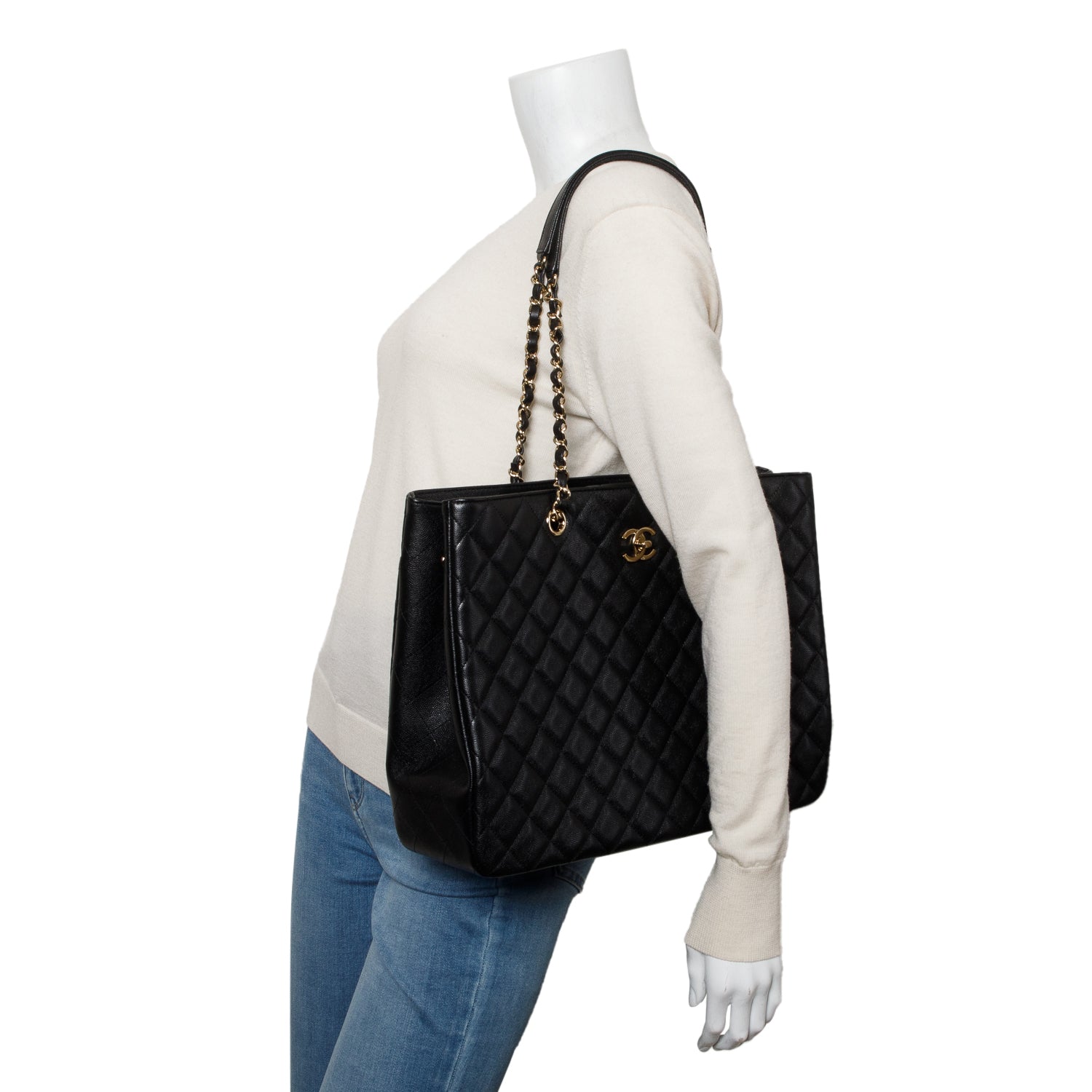 Chanel Caviar Quilted Classic Shopping Black Travel Bag Box Receipt