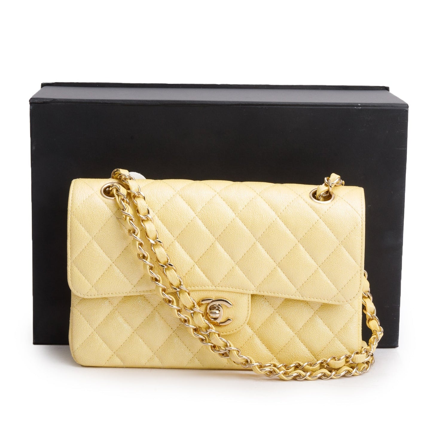 Chanel Iridescent Caviar Quilted Double Flap Leather Yellow Travel Bag