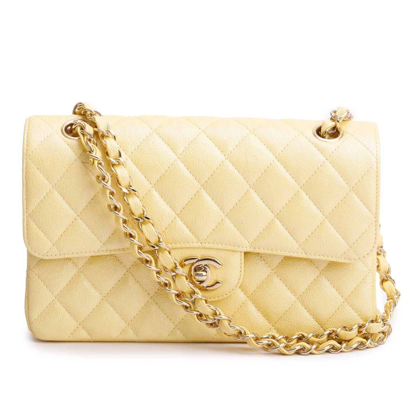 Chanel Iridescent Caviar Quilted Double Flap Leather Yellow Travel Bag