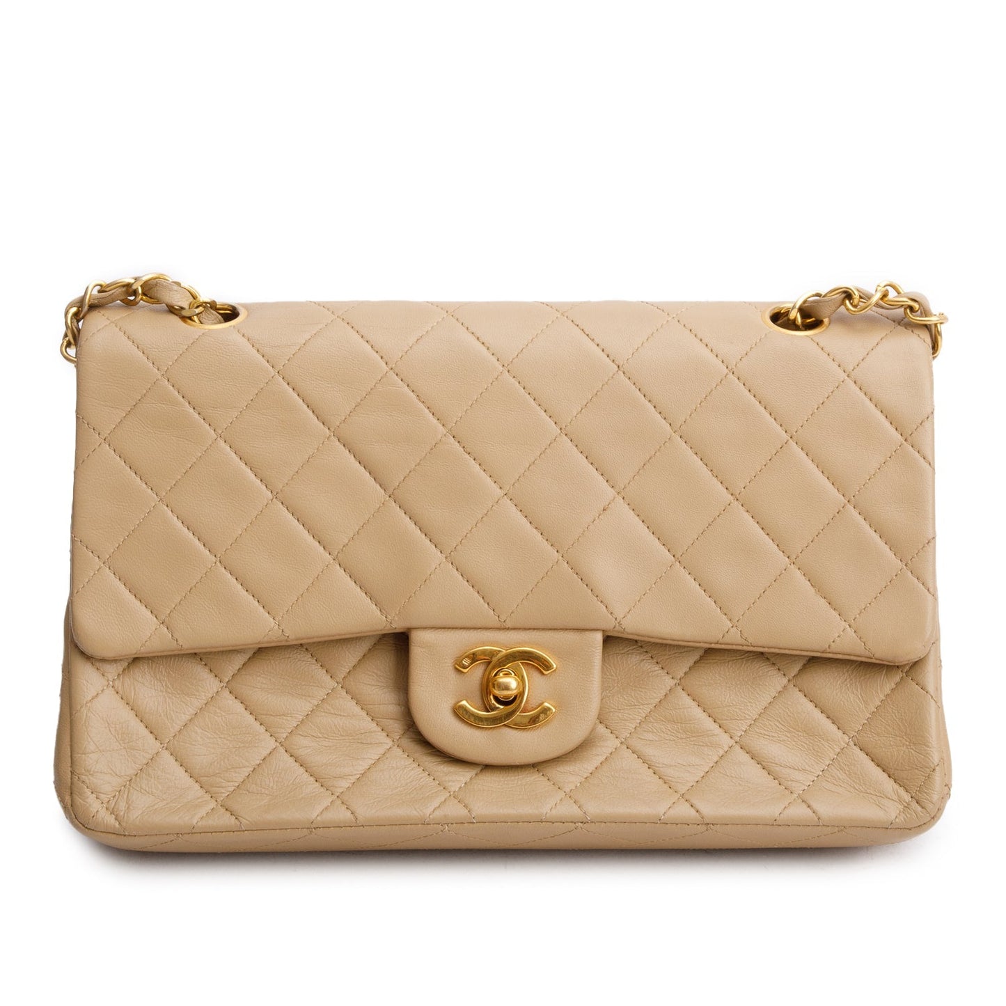 Chanel Quilted Double Flap Lambskin Beige Travel Bag