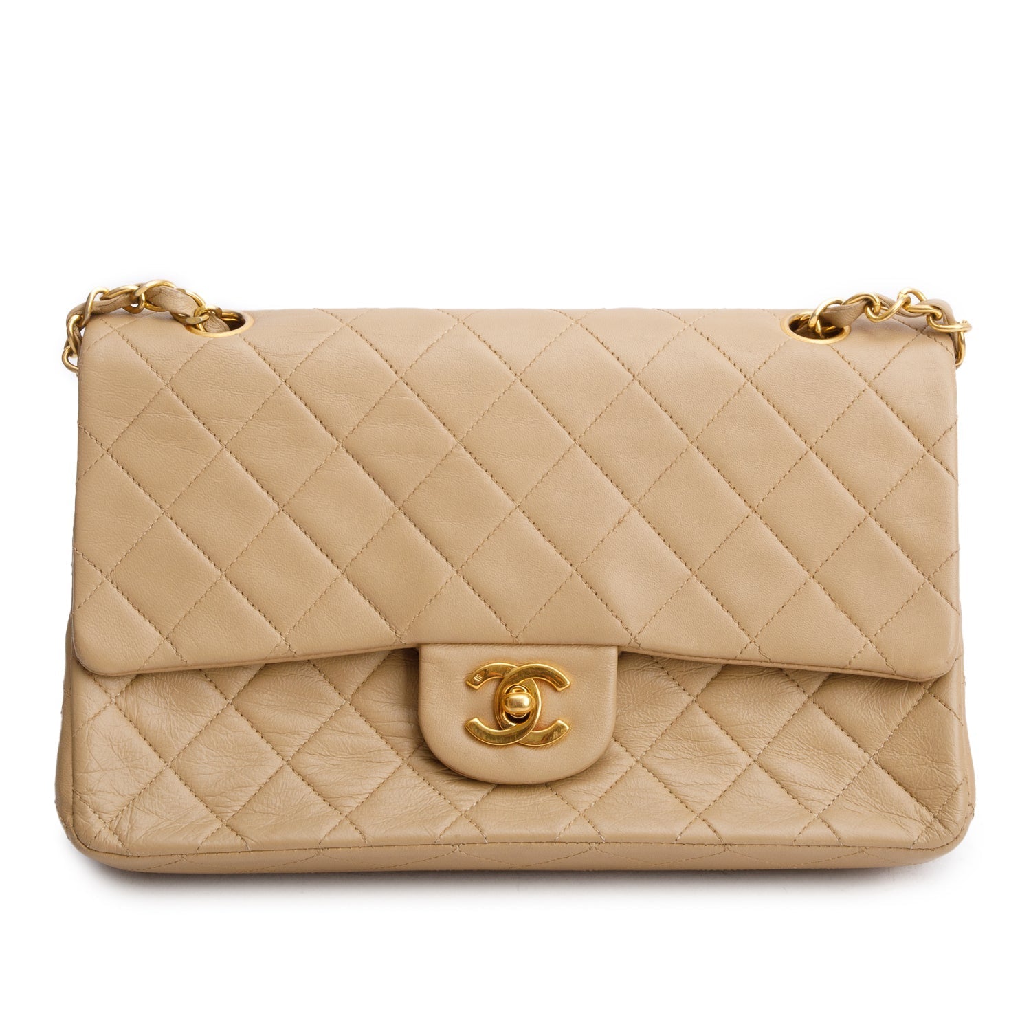 Chanel Quilted Double Flap Lambskin Beige Travel Bag