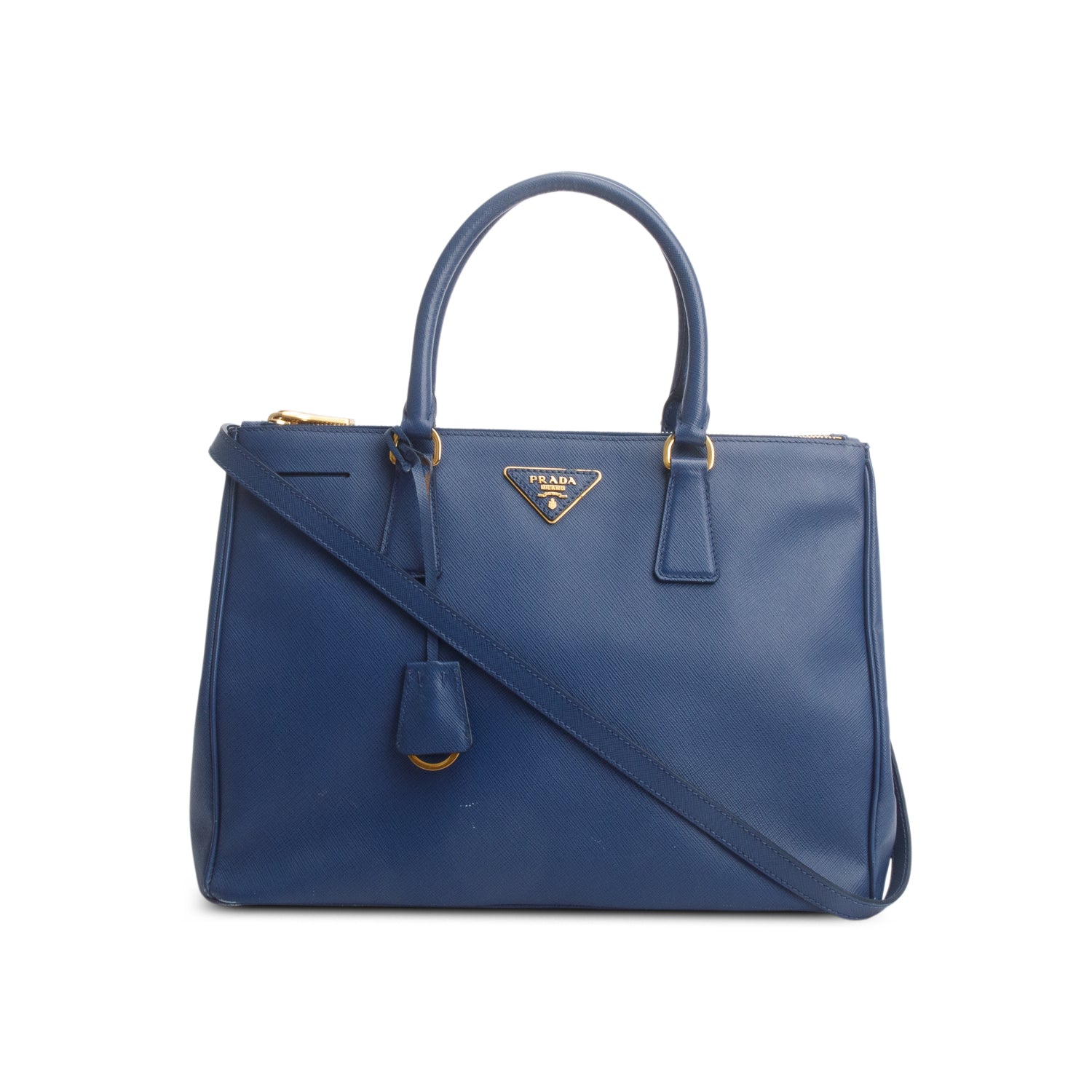 Prada Saffiano Lux Double Zip Galleria Tote Handbag Blue Medium Tote Bag