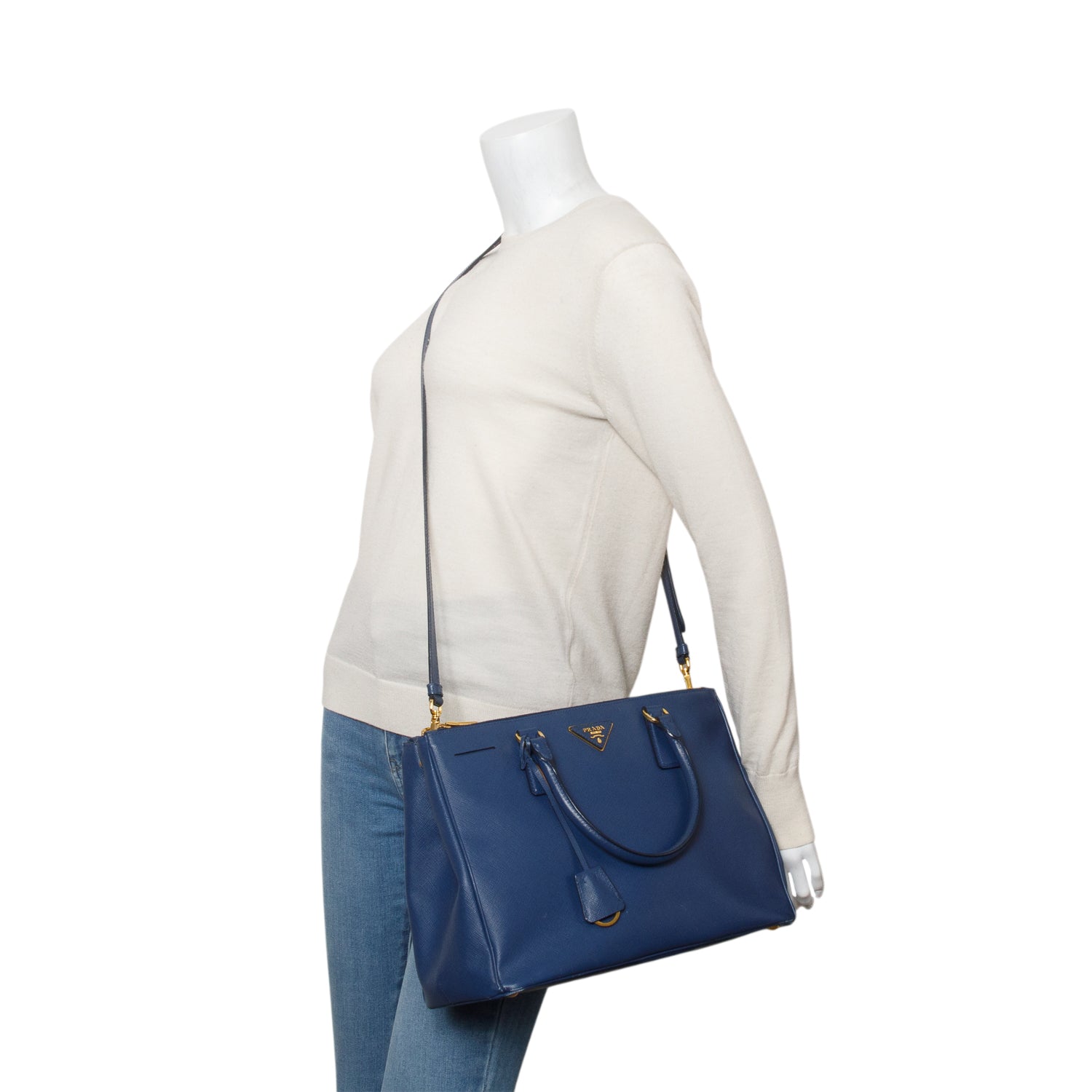 Prada Saffiano Lux Double Zip Galleria Tote Handbag Blue Medium Tote Bag