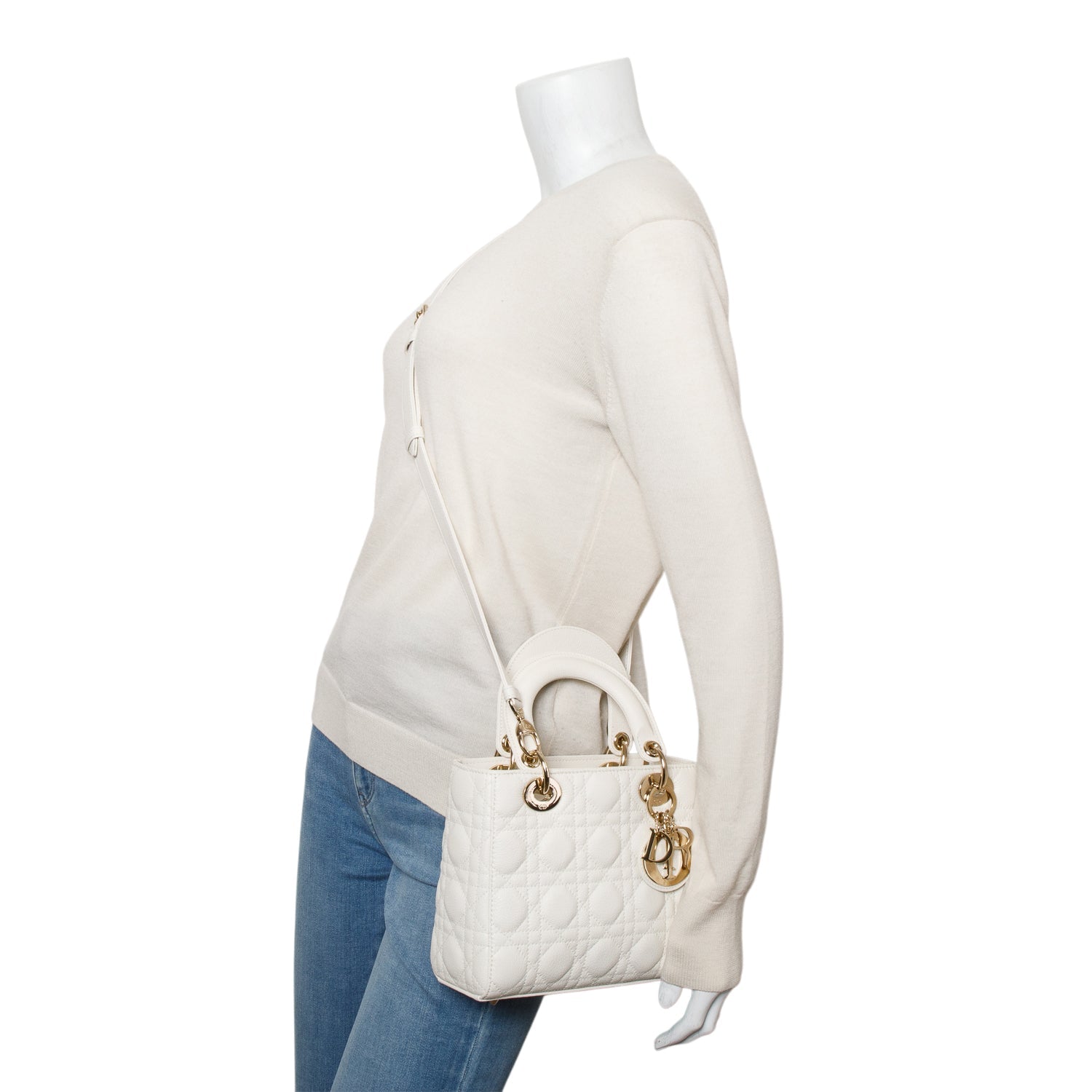 Dior Christian Grained Cannage Calfskin Lady Bag Leather White Travel Bag