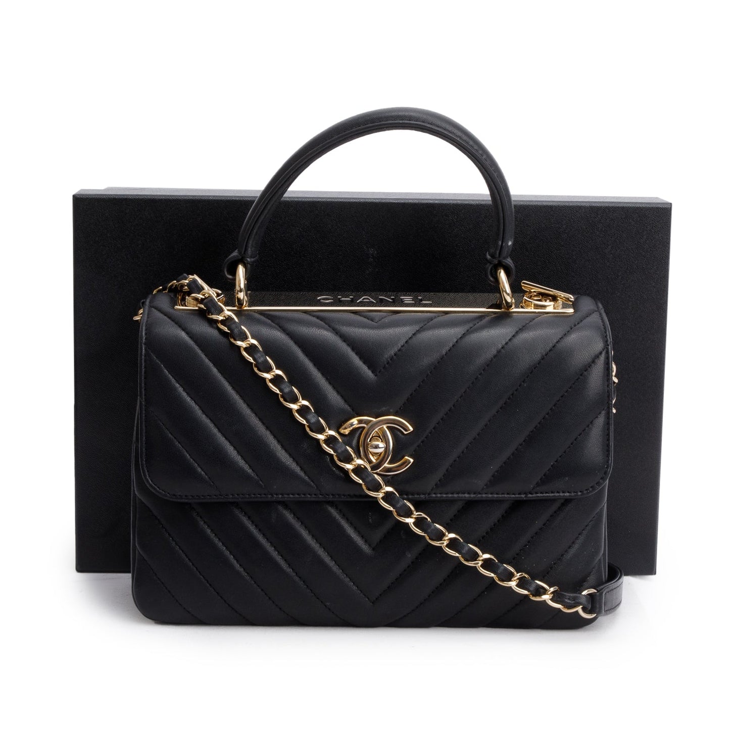 Chanel Chevron Trendy CC Top Handle Lambskin Black Travel Bag Authenticity Card