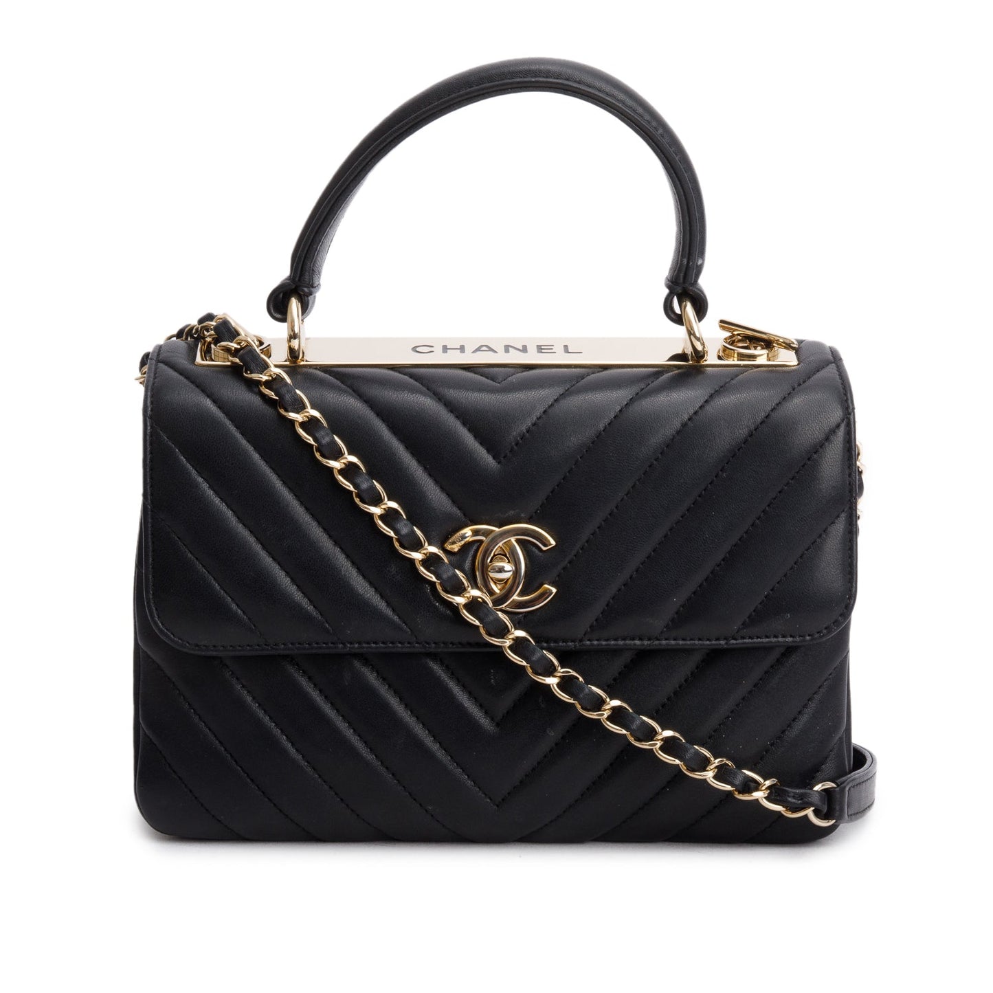 Chanel Chevron Trendy CC Top Handle Lambskin Black Travel Bag Authenticity Card