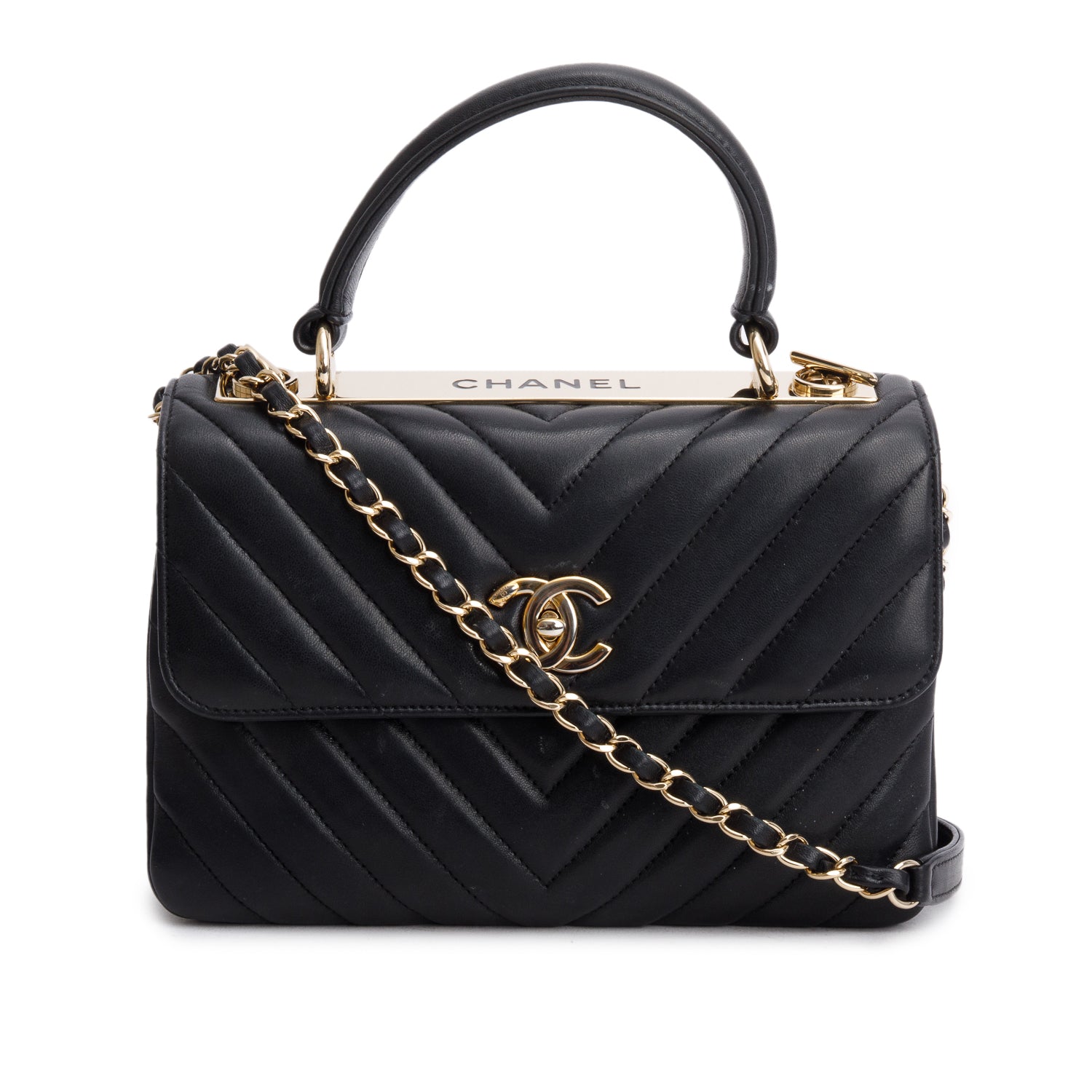 Chanel Chevron Trendy CC Top Handle Lambskin Black Travel Bag Authenticity Card