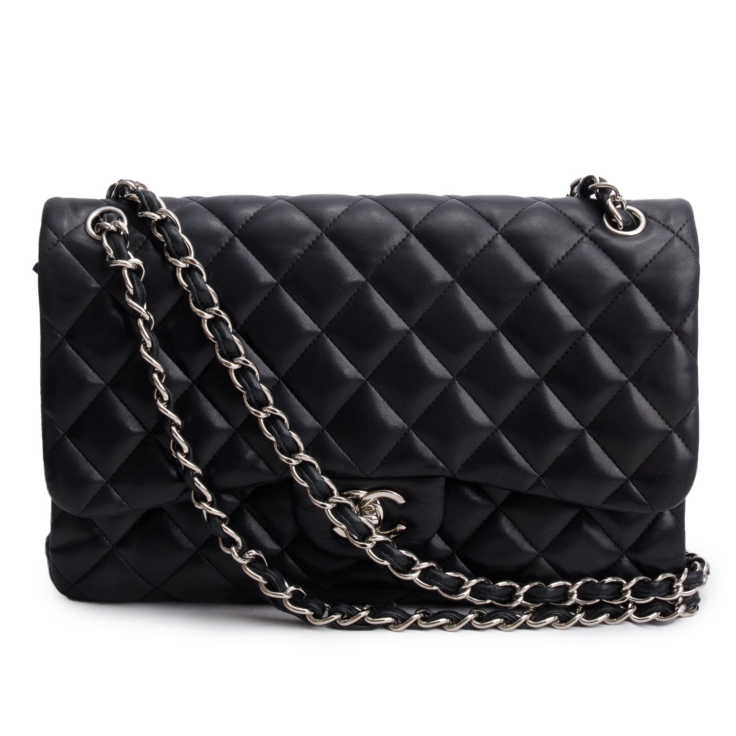 Chanel Quilted Jumbo Double Flap Leather Lambskin Black Travel Bag Flap Bag