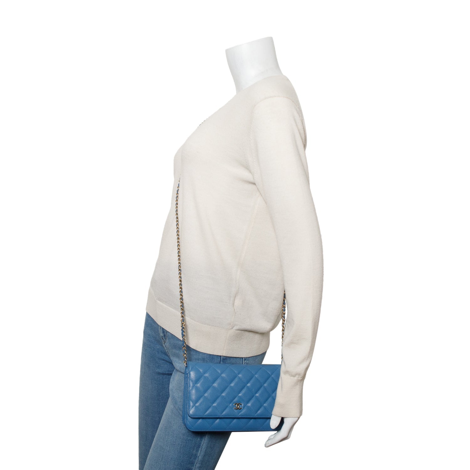 Chanel Quilted Caviar Classic on Leather Blue Wallet Case